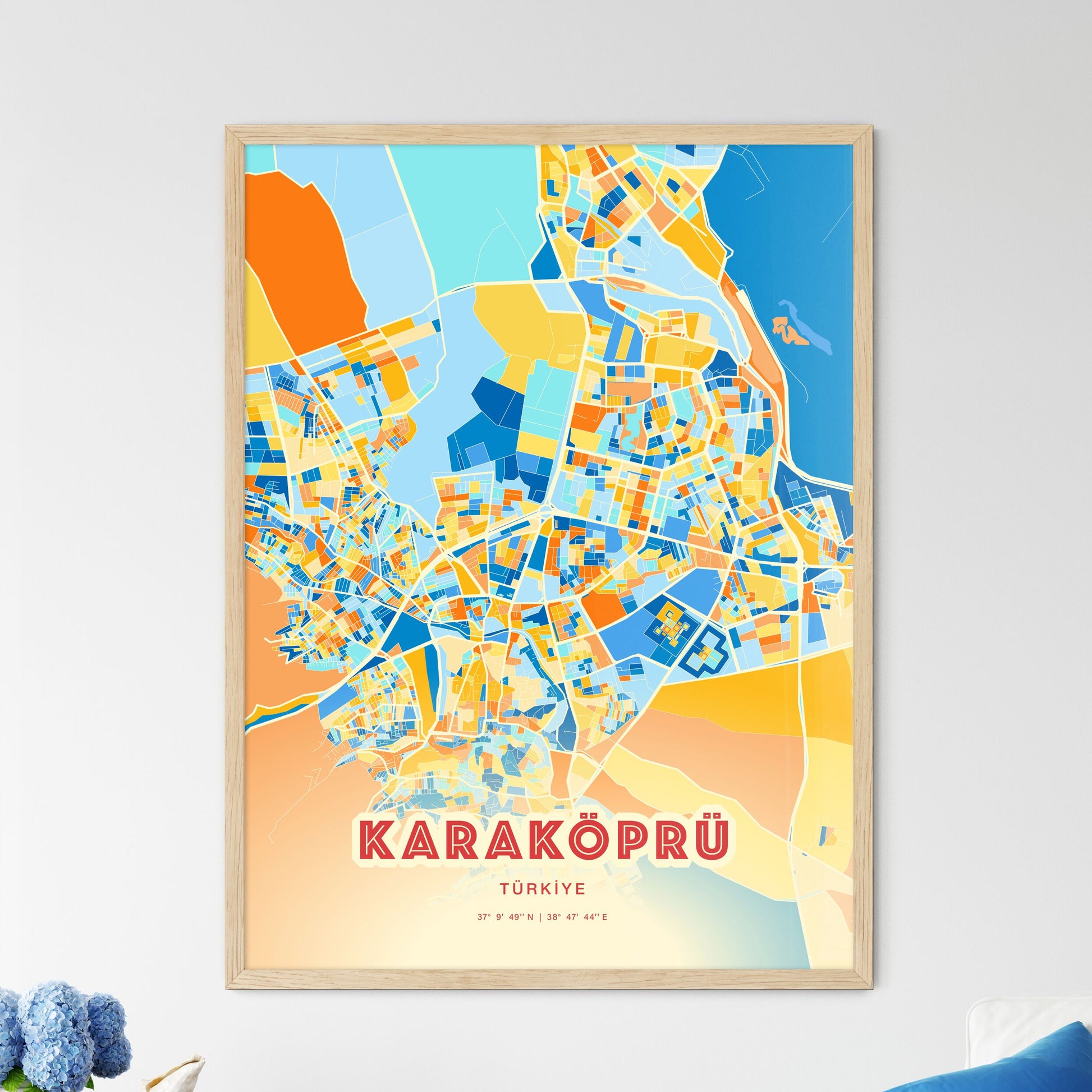 Colorful KARAKÖPRÜ TURKEY Fine Art Map Blue Orange