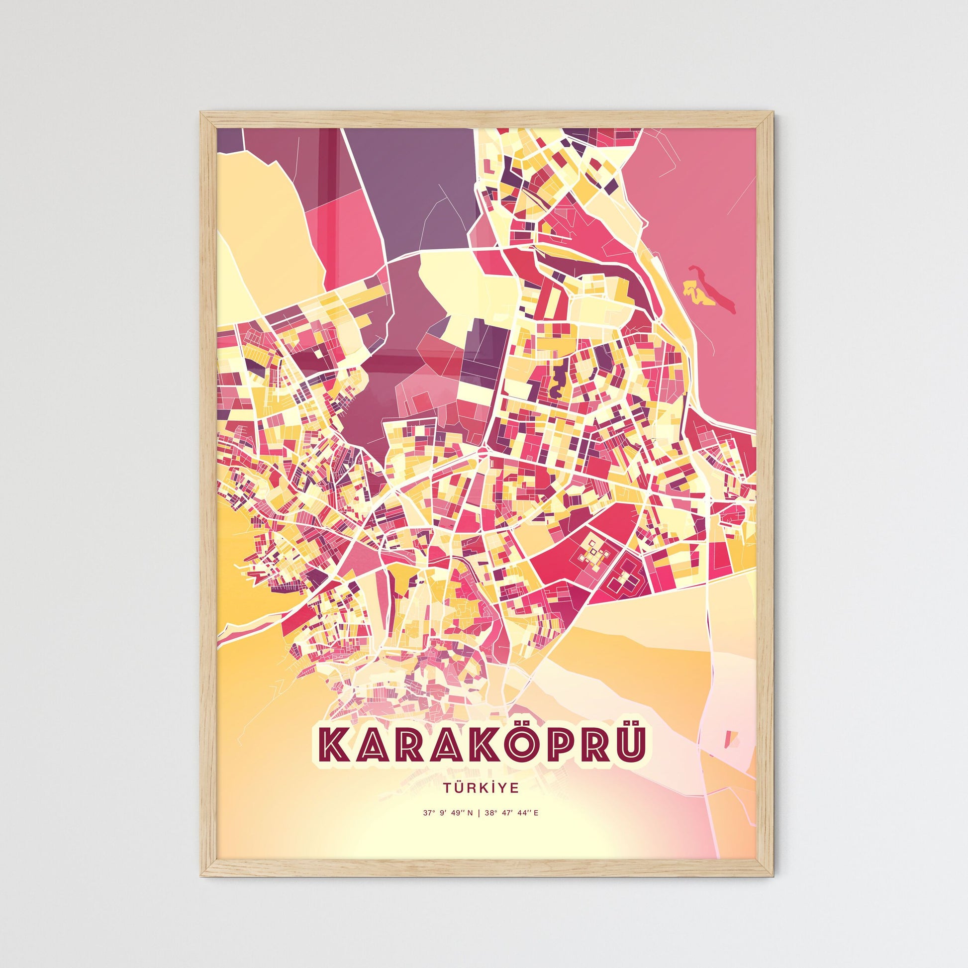 Colorful KARAKÖPRÜ TURKEY Fine Art Map Hot Red