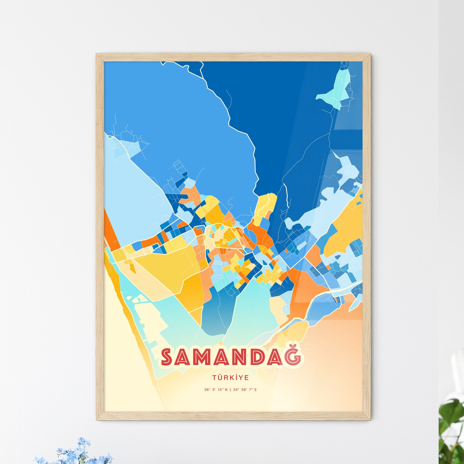 Colorful SAMANDAĞ TURKEY Fine Art Map Blue Orange