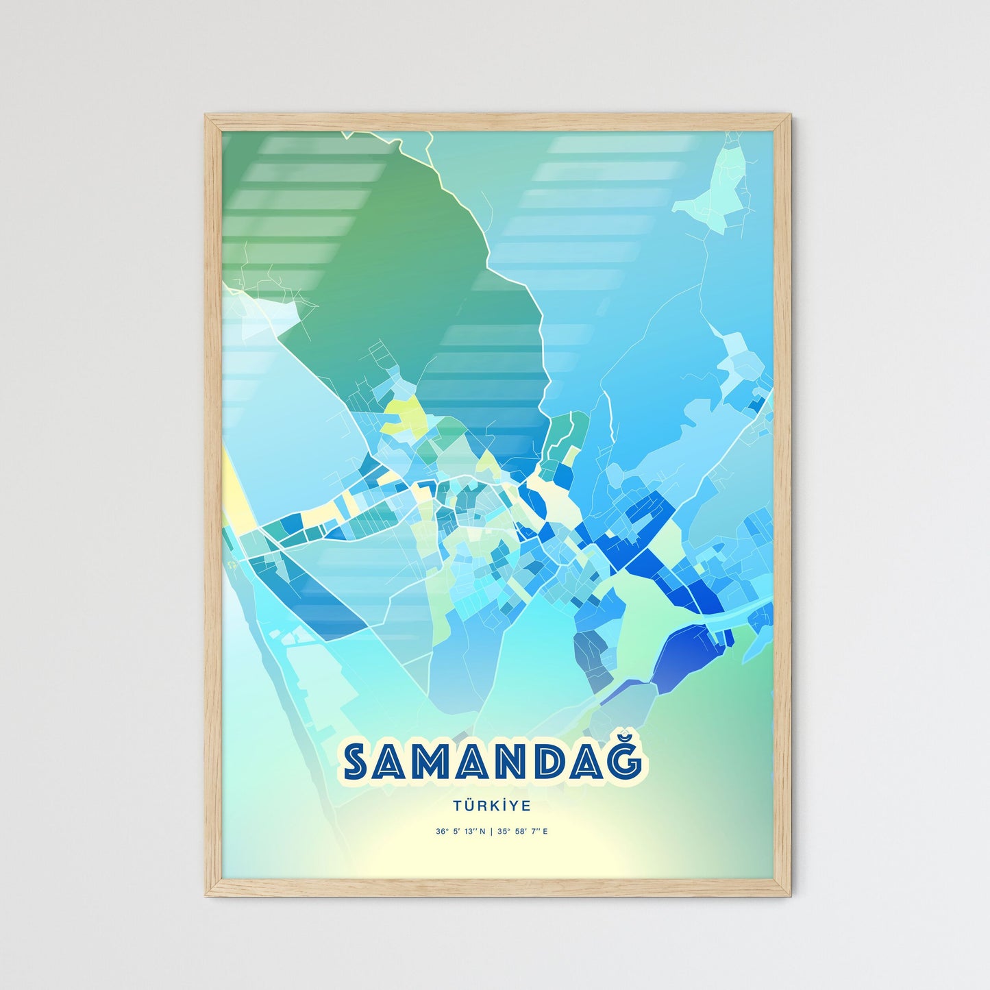 Colorful SAMANDAĞ TURKEY Fine Art Map Cool Blue