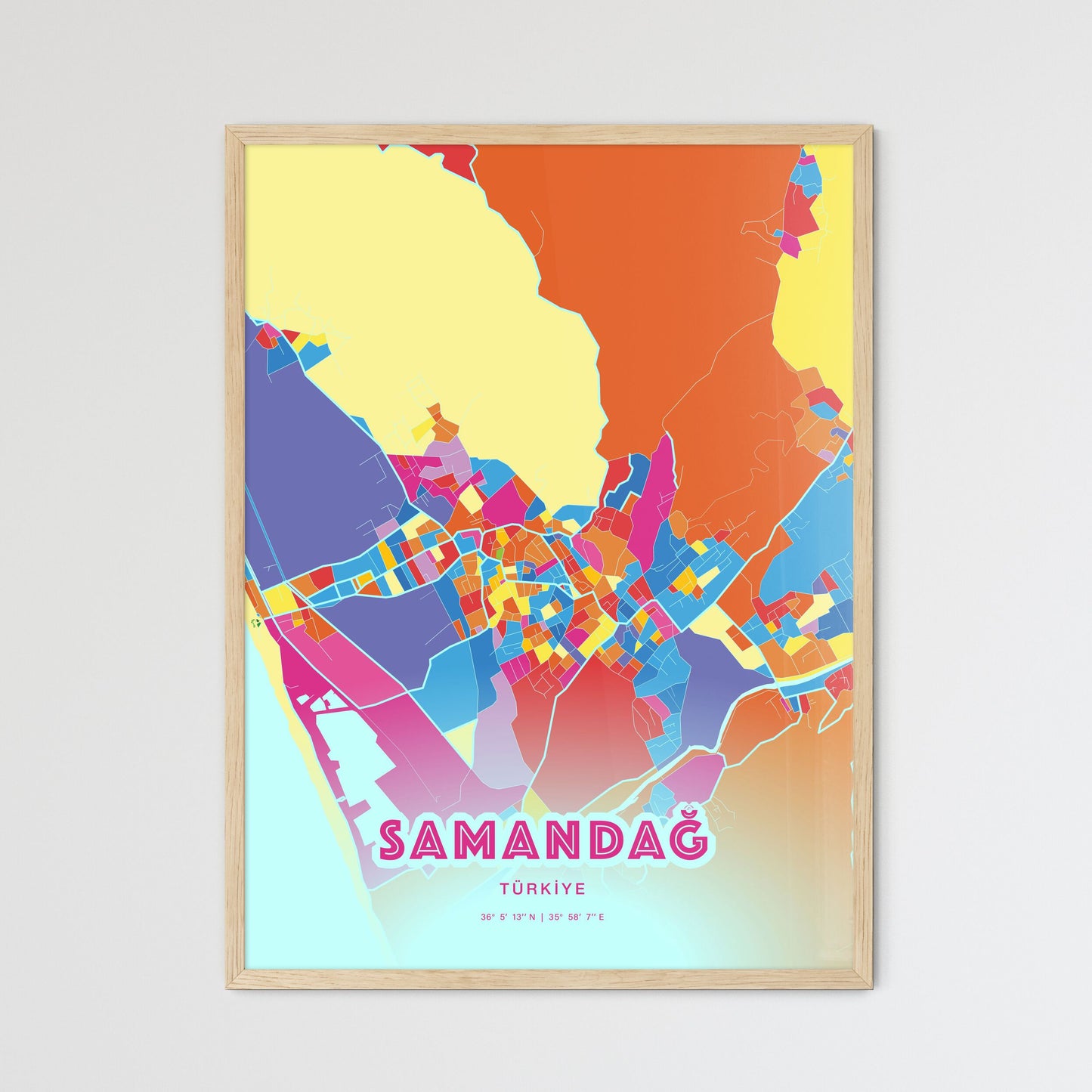 Colorful SAMANDAĞ TURKEY Fine Art Map Crazy Colors