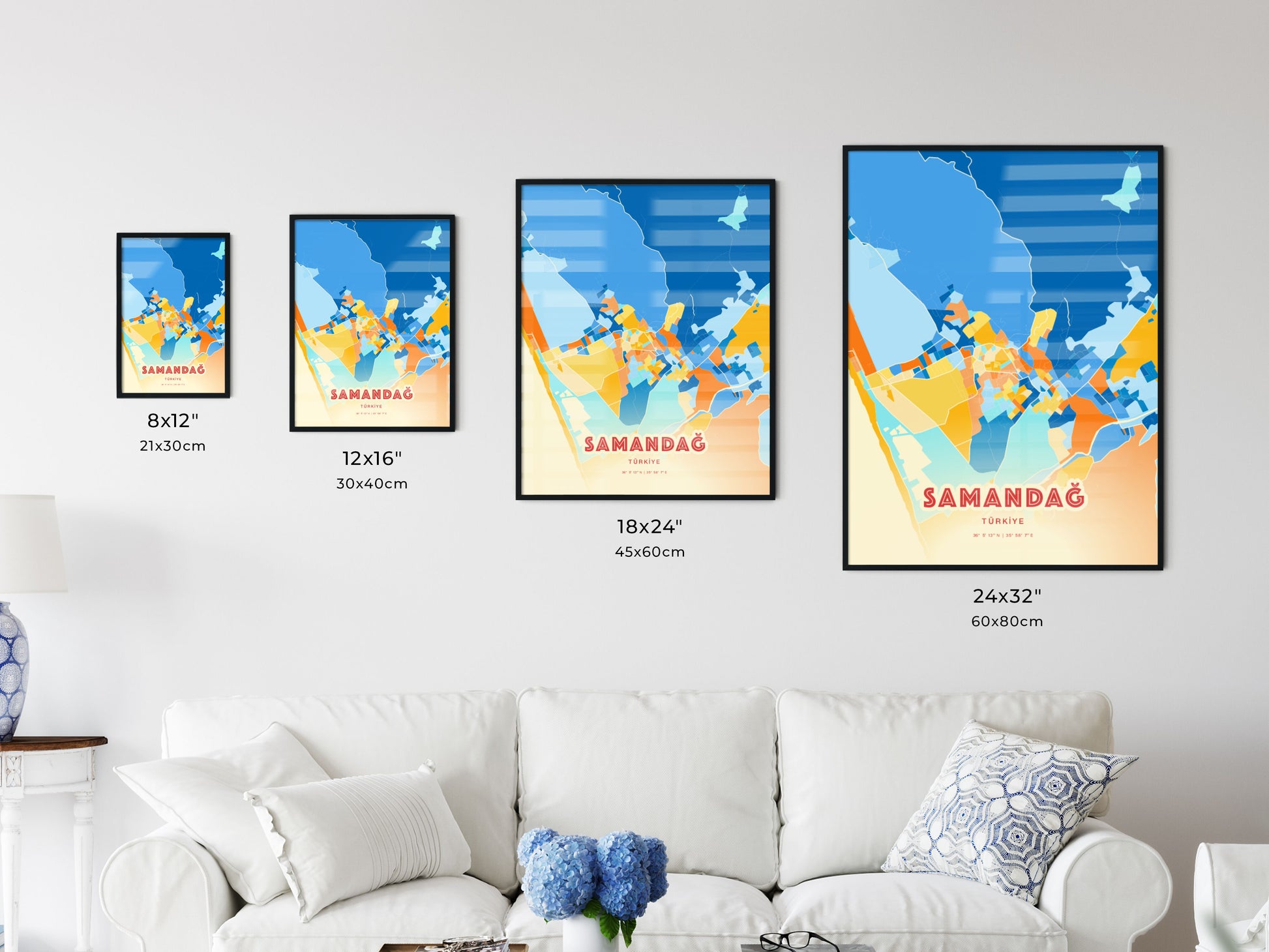 Colorful SAMANDAĞ TURKEY Fine Art Map Blue Orange