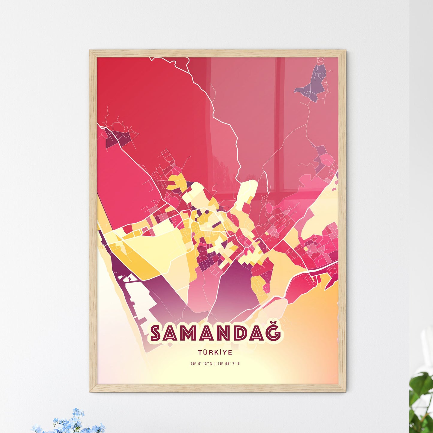 Colorful SAMANDAĞ TURKEY Fine Art Map Hot Red