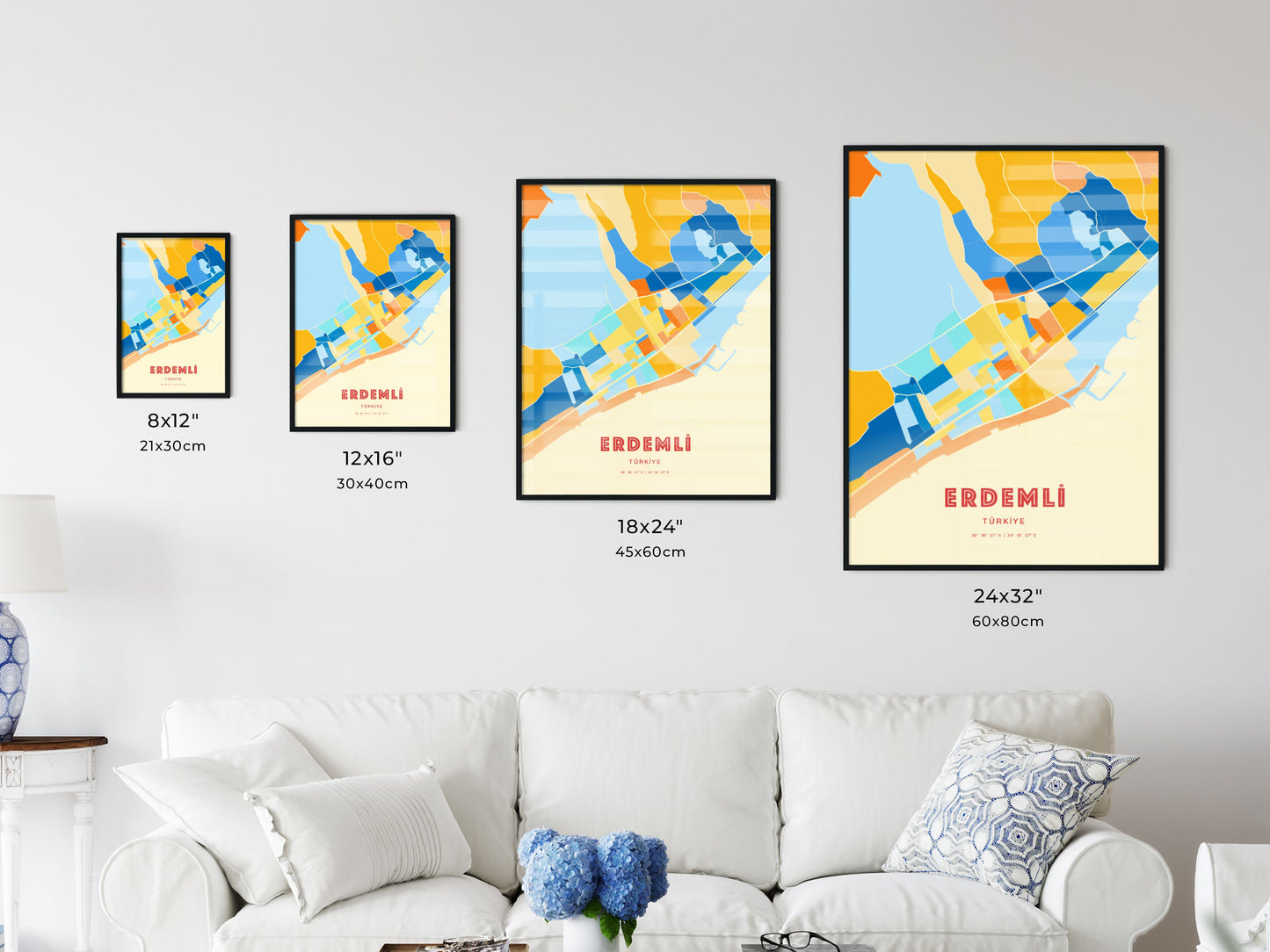 Colorful ERDEMLI TURKEY Fine Art Map Blue Orange