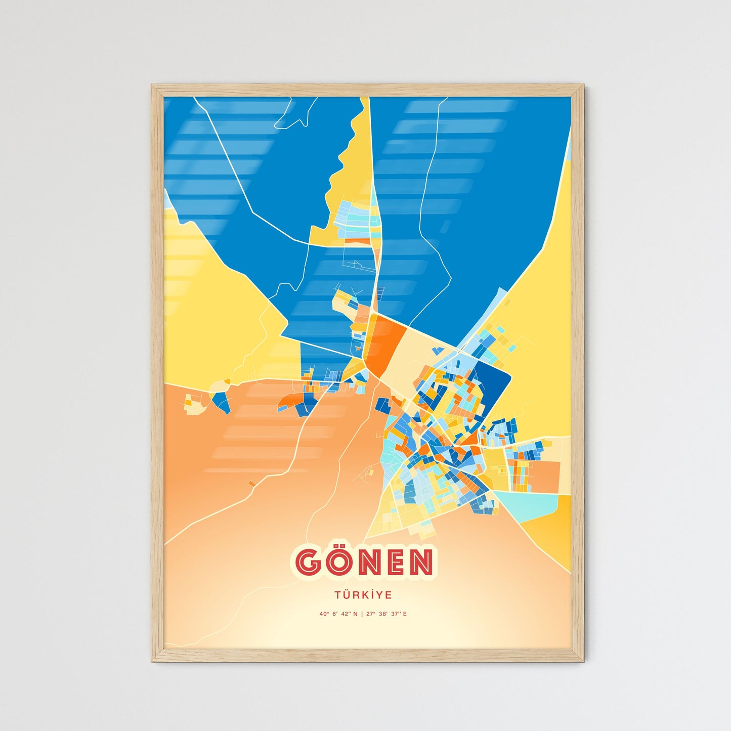 Colorful GÖNEN TURKEY Fine Art Map Blue Orange