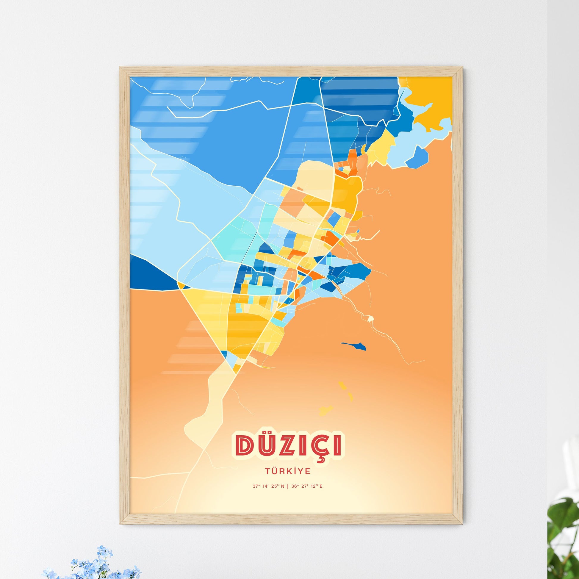 Colorful DÜZIÇI TURKEY Fine Art Map Blue Orange