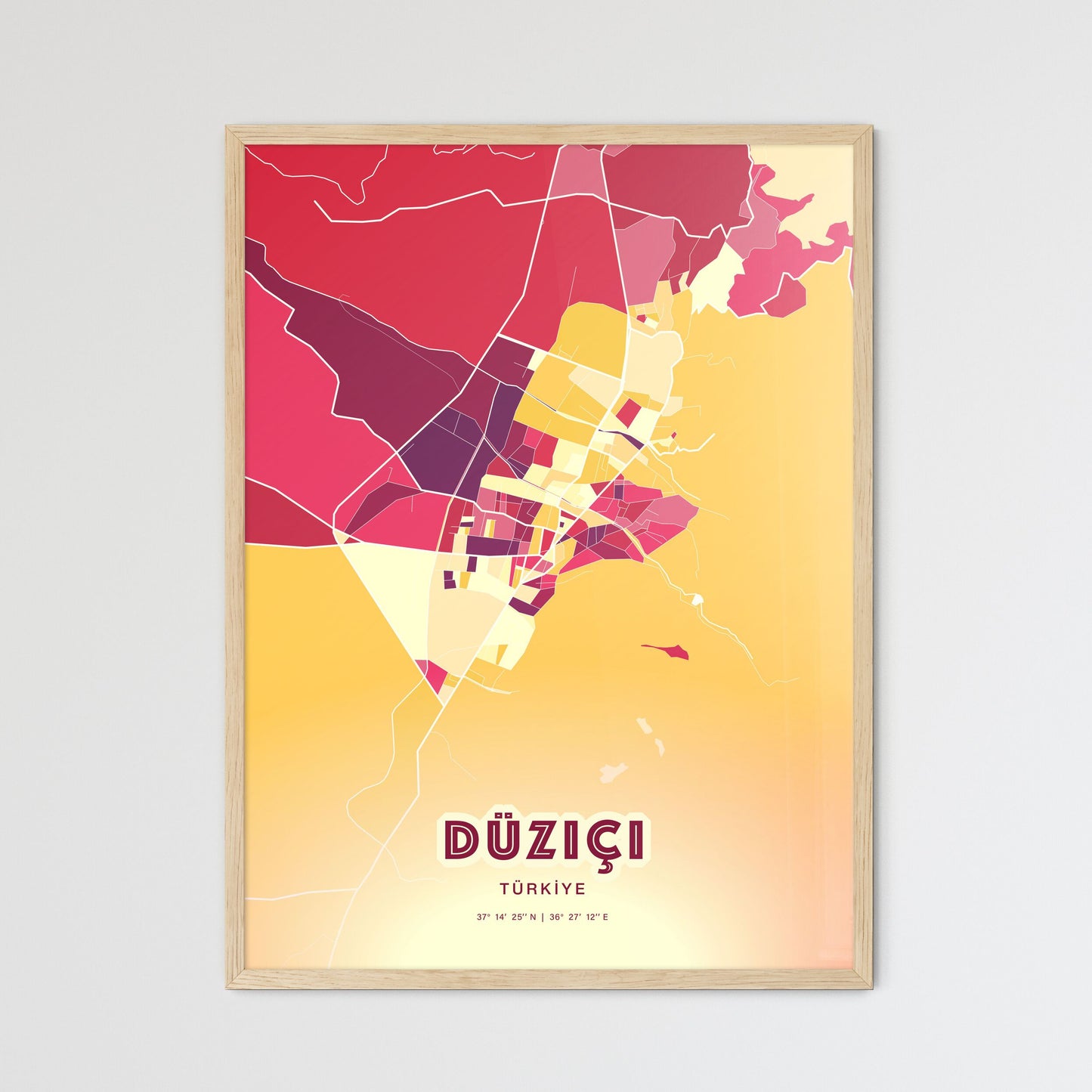 Colorful DÜZIÇI TURKEY Fine Art Map Hot Red