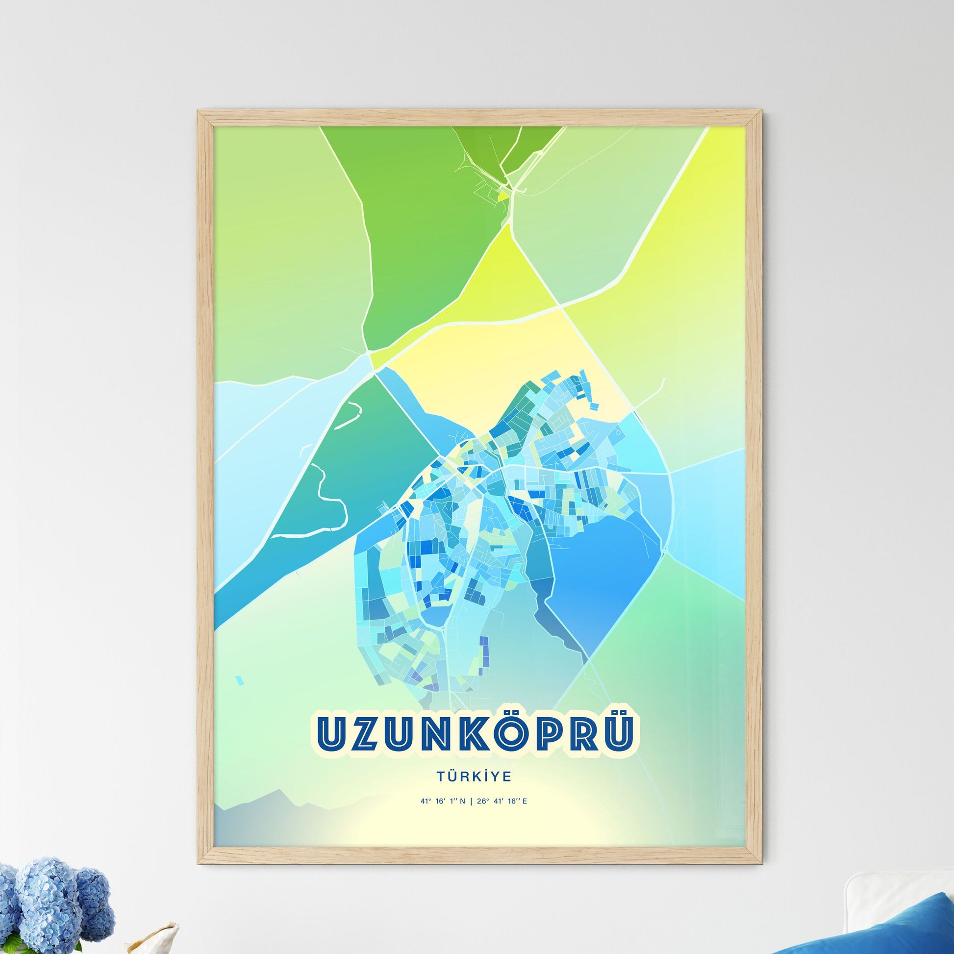 Colorful UZUNKÖPRÜ TURKEY Fine Art Map Cool Blue