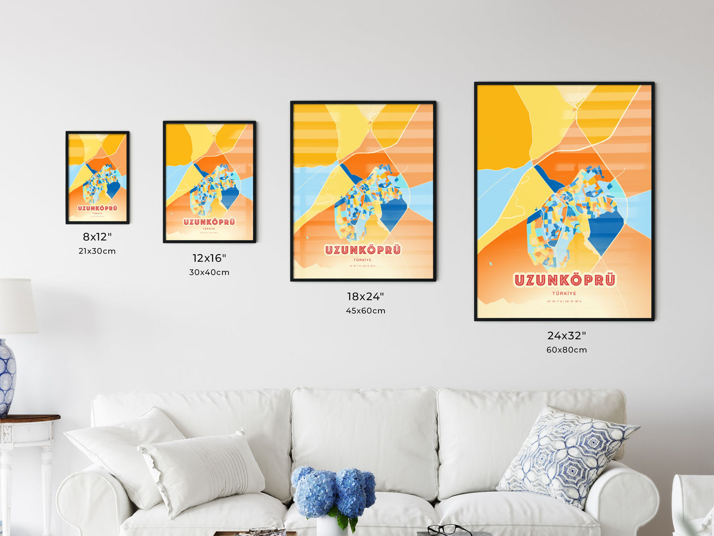 Colorful UZUNKÖPRÜ TURKEY Fine Art Map Blue Orange