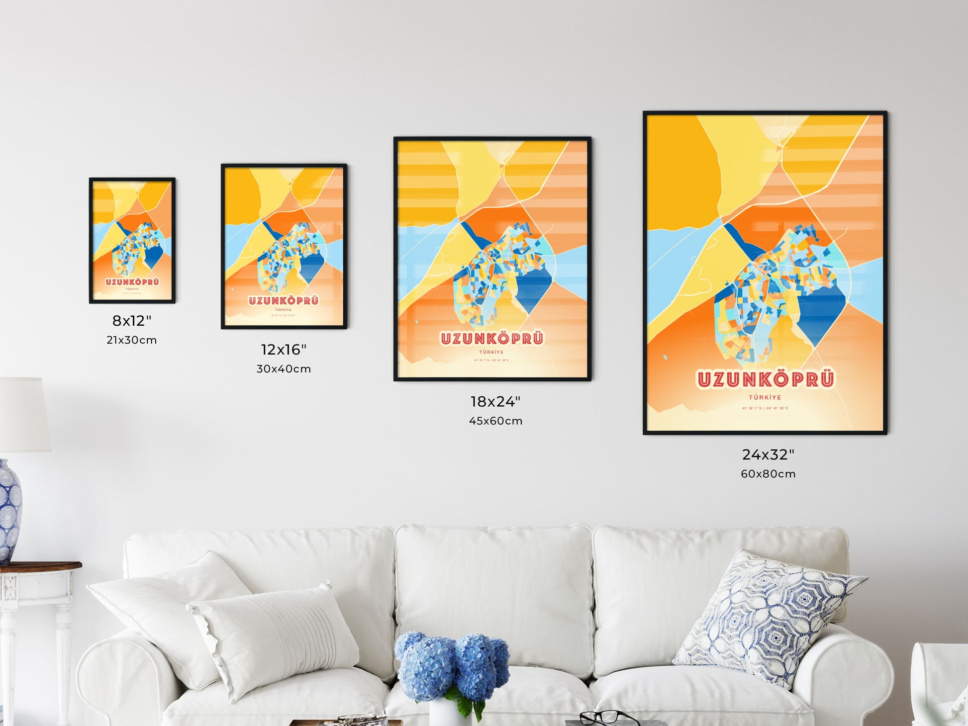 Colorful UZUNKÖPRÜ TURKEY Fine Art Map Blue Orange