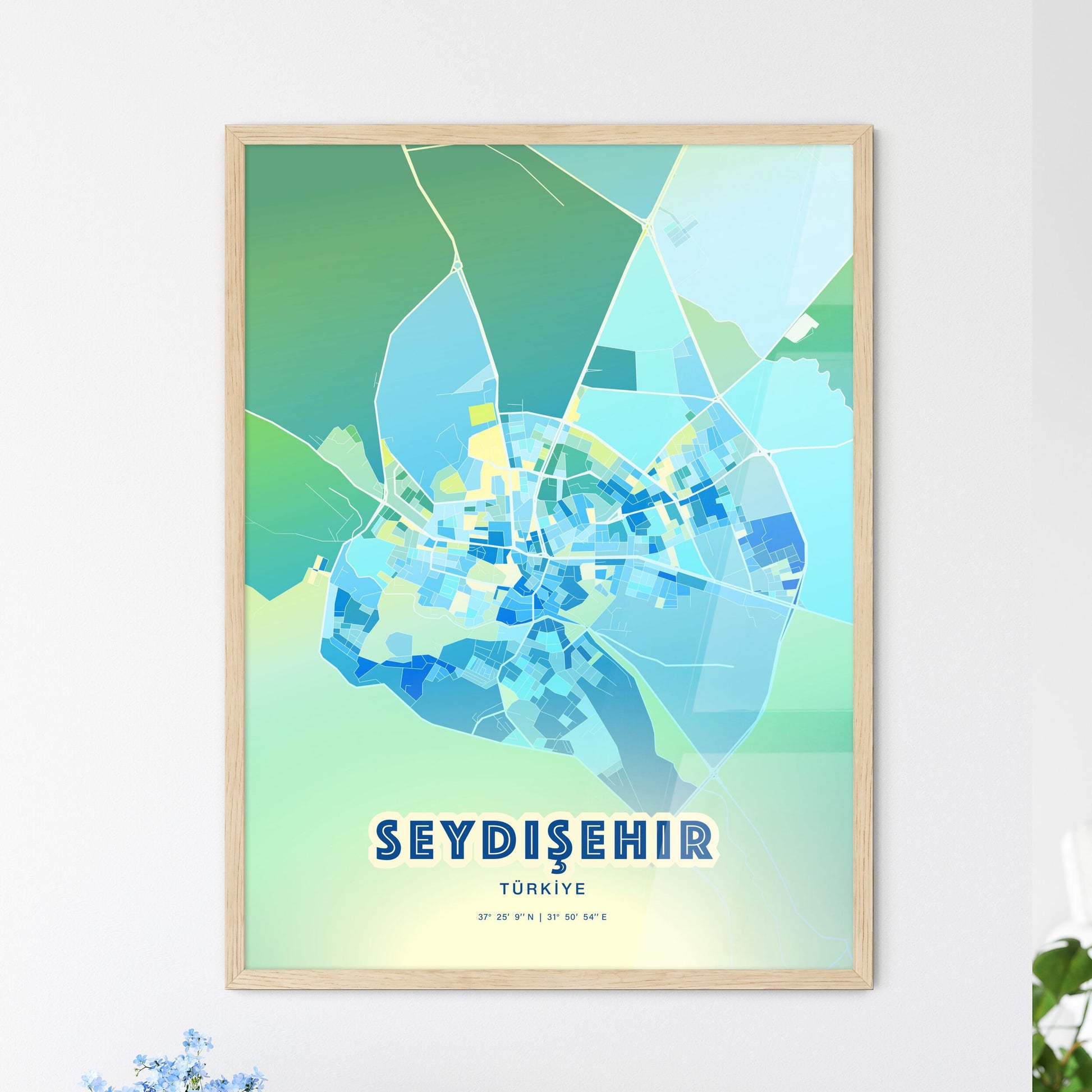 Colorful SEYDIŞEHIR TURKEY Fine Art Map Cool Blue