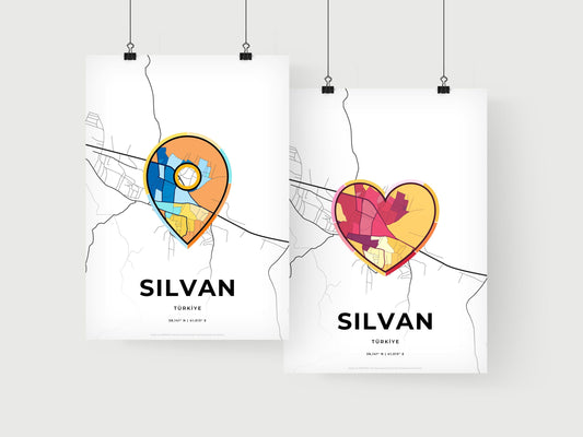 SILVAN TURKEY minimal art map with a colorful icon. Where it all began, Couple map gift.