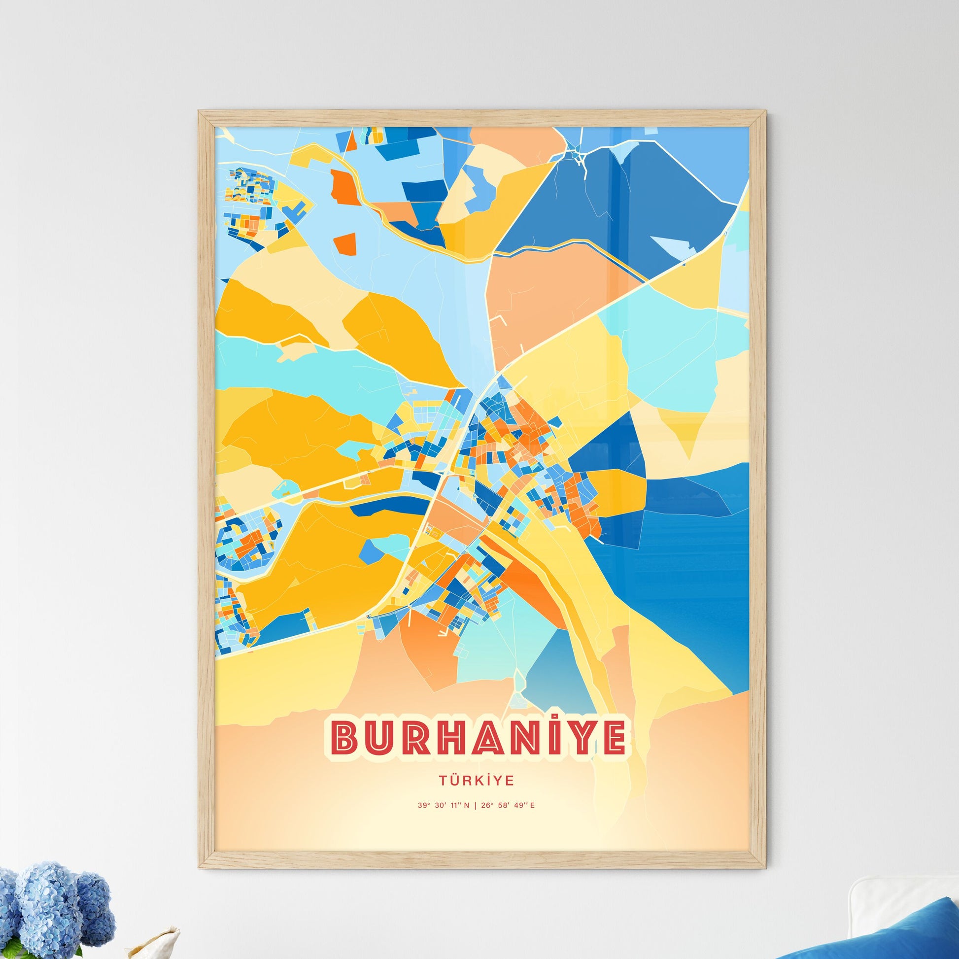 Colorful BURHANIYE TURKEY Fine Art Map Blue Orange