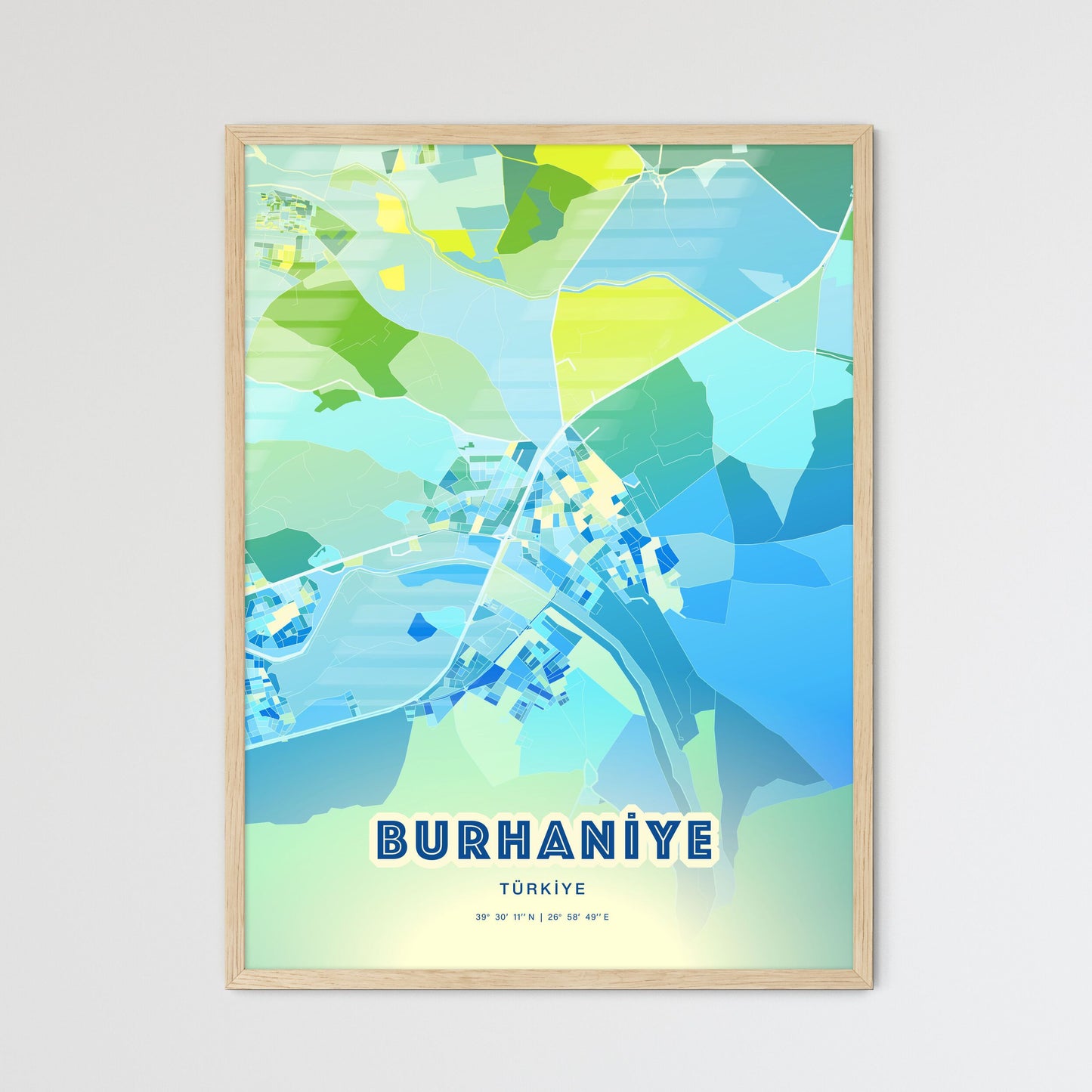 Colorful BURHANIYE TURKEY Fine Art Map Cool Blue