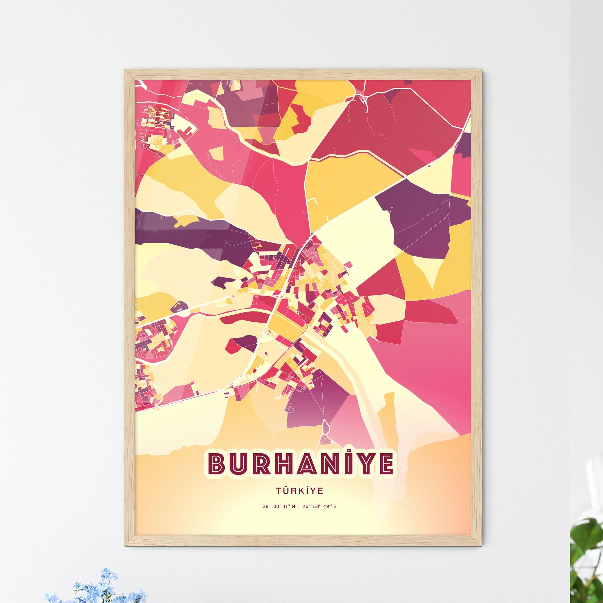 Colorful BURHANIYE TURKEY Fine Art Map Hot Red