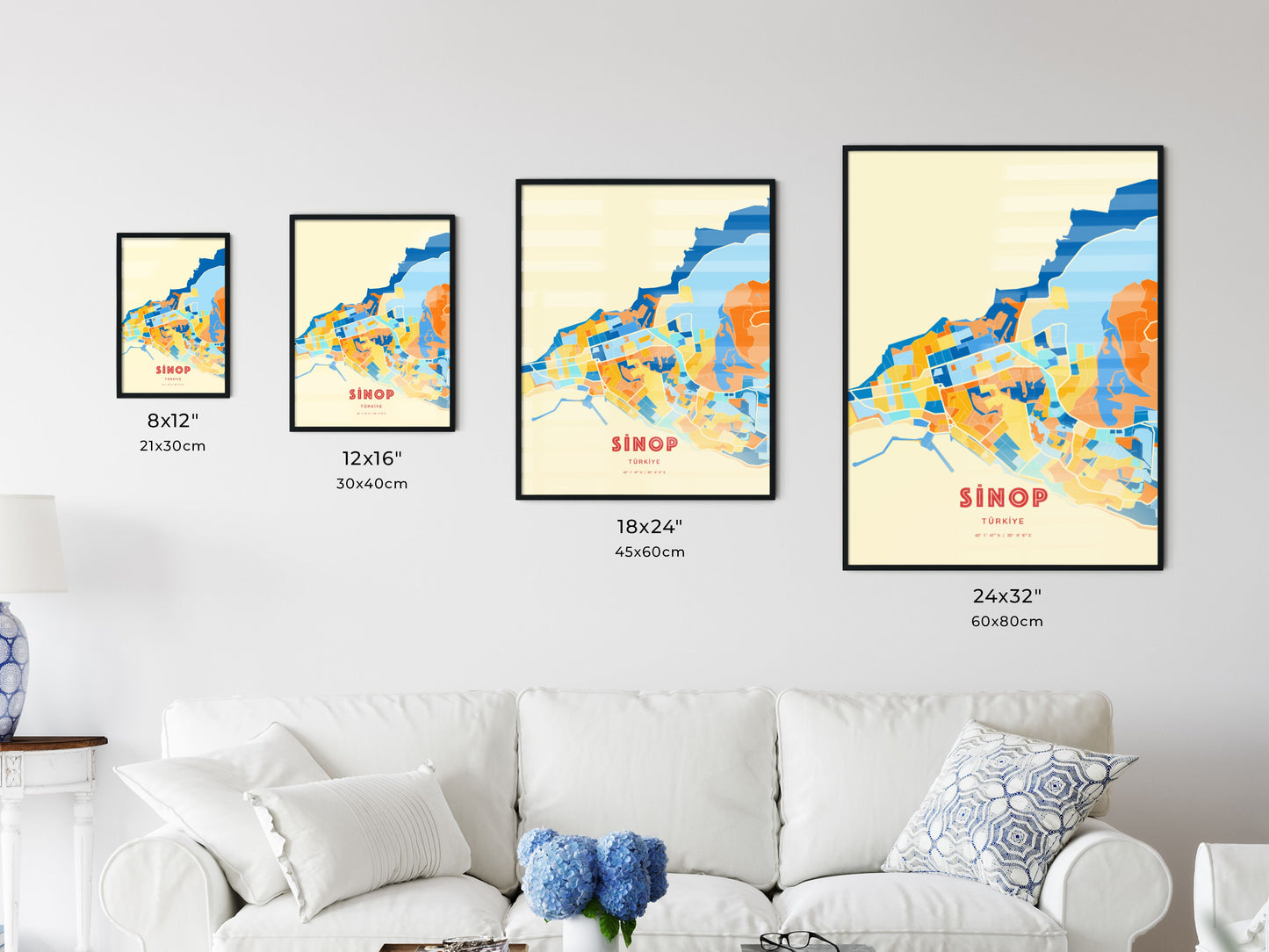 Colorful SINOP TURKEY Fine Art Map Blue Orange