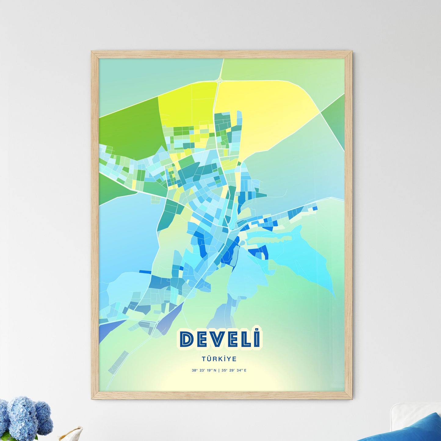 Colorful DEVELI TURKEY Fine Art Map Cool Blue