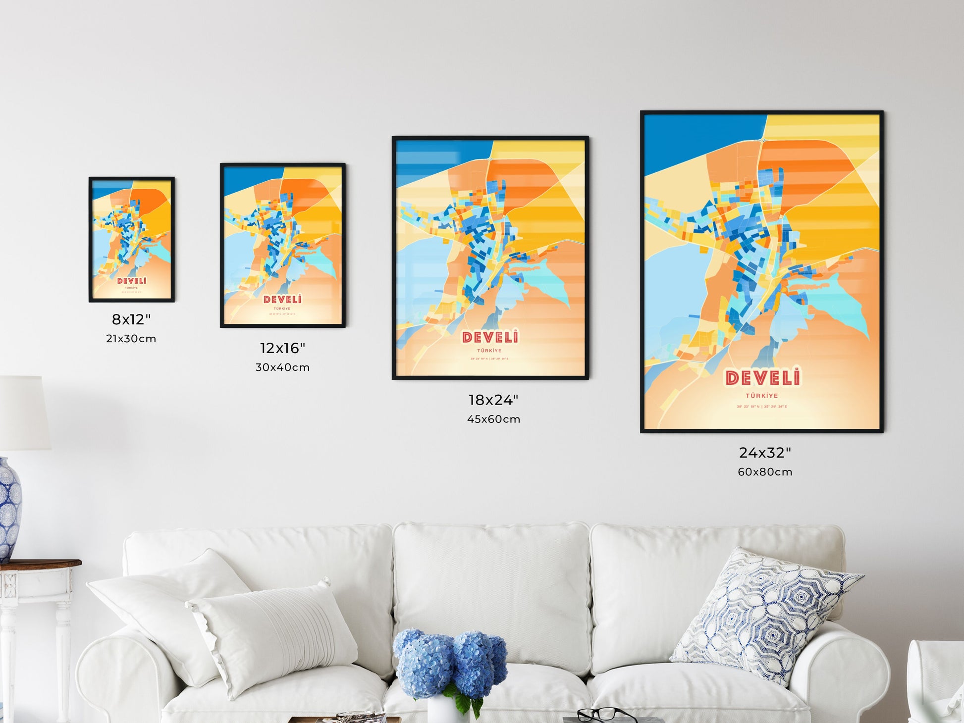 Colorful DEVELI TURKEY Fine Art Map Blue Orange