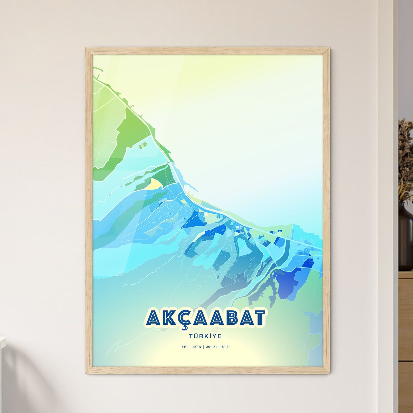 Colorful AKÇAABAT TURKEY Fine Art Map Cool Blue