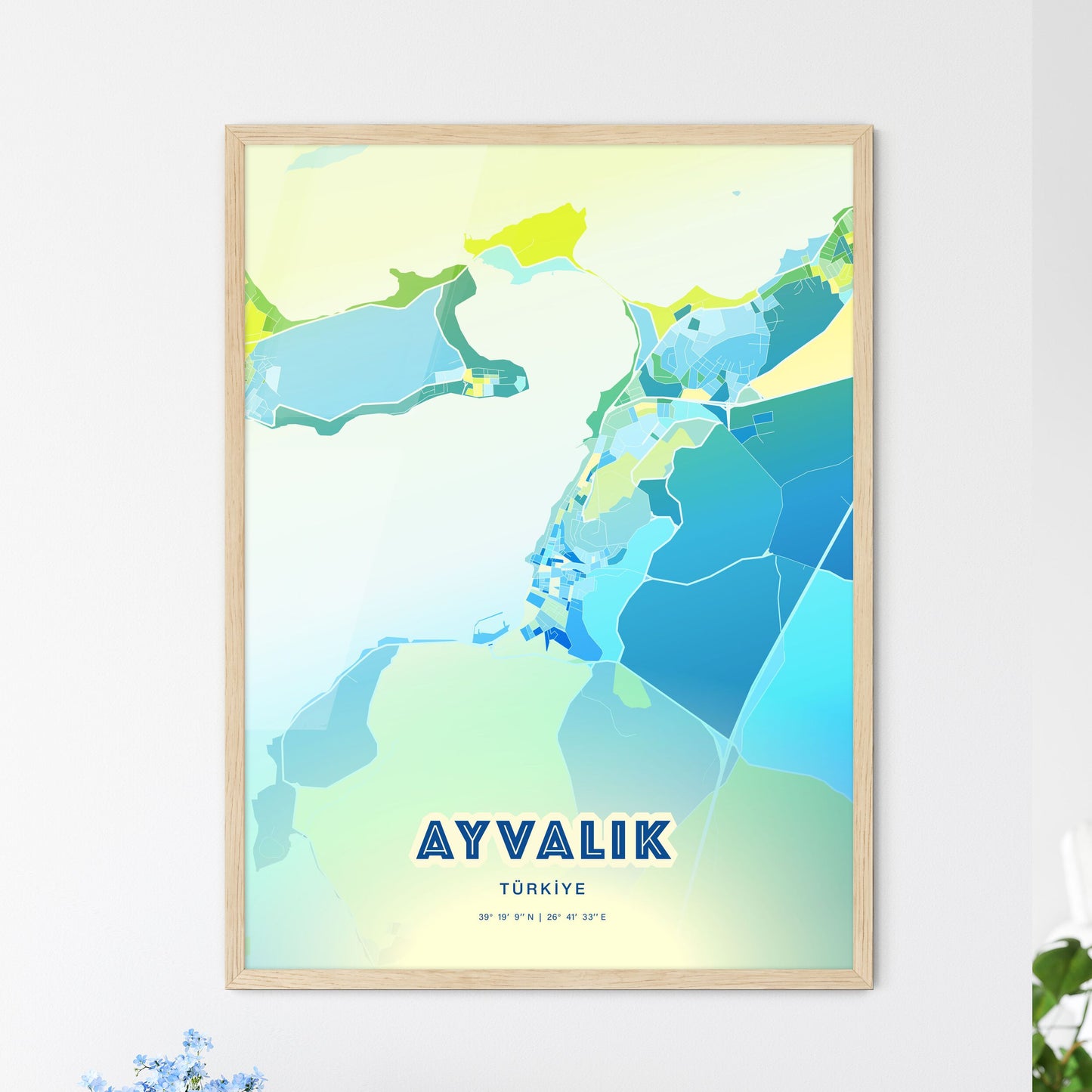 Colorful AYVALIK TURKEY Fine Art Map Cool Blue