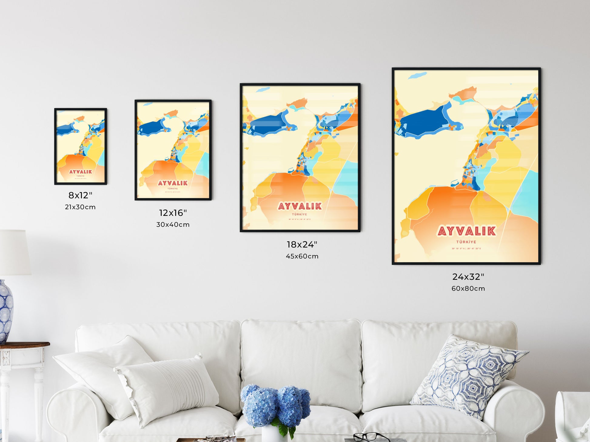 Colorful AYVALIK TURKEY Fine Art Map Blue Orange