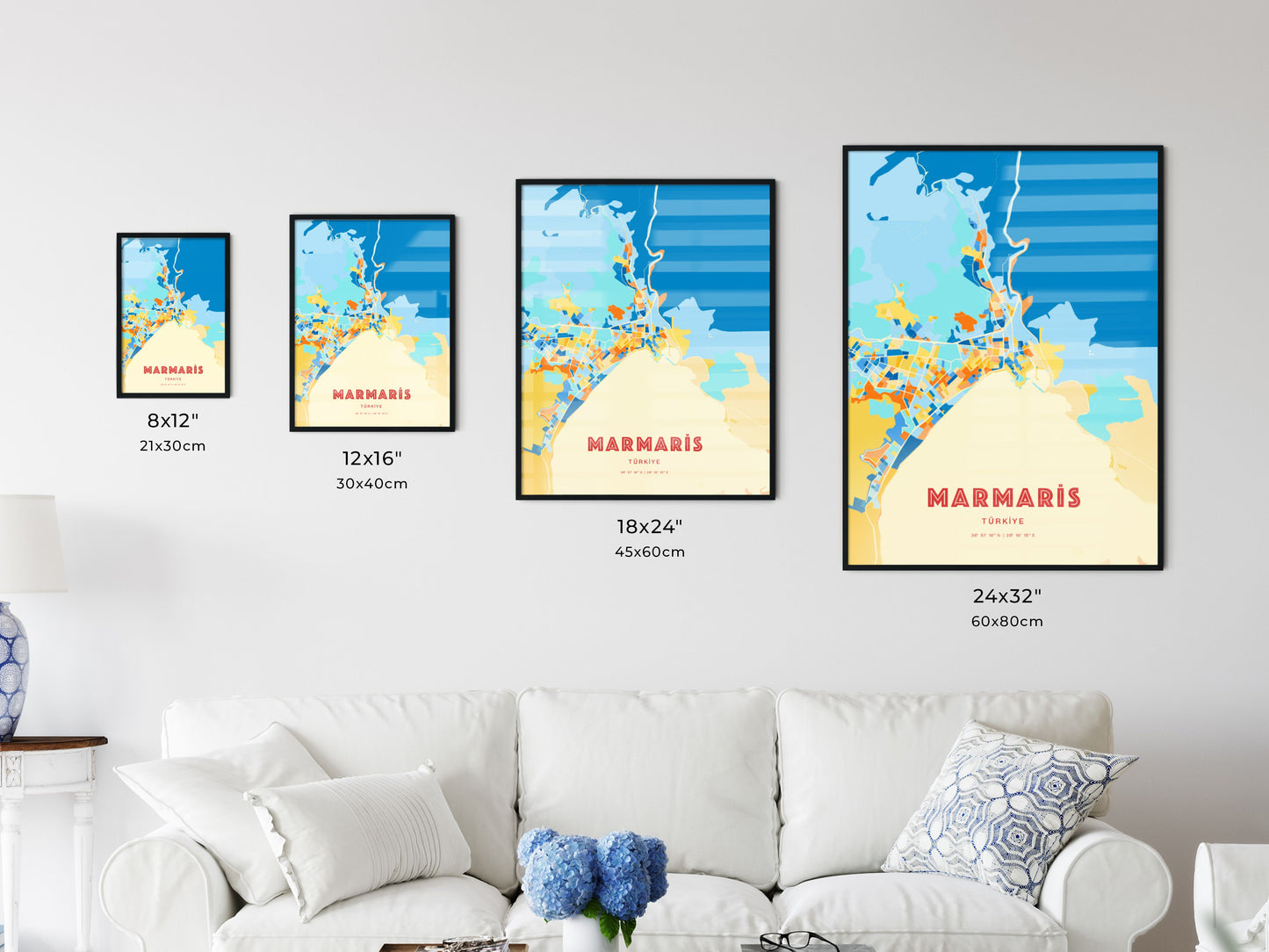 Colorful MARMARIS TURKEY Fine Art Map Blue Orange