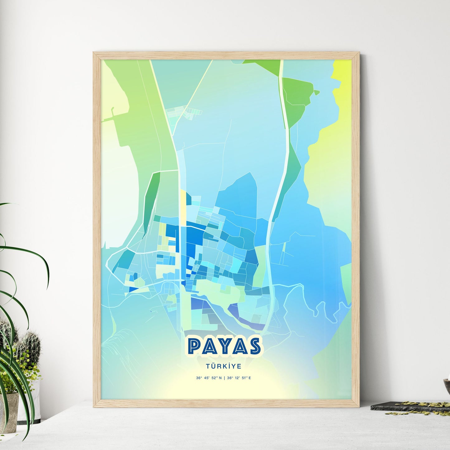 Colorful PAYAS TURKEY Fine Art Map Cool Blue