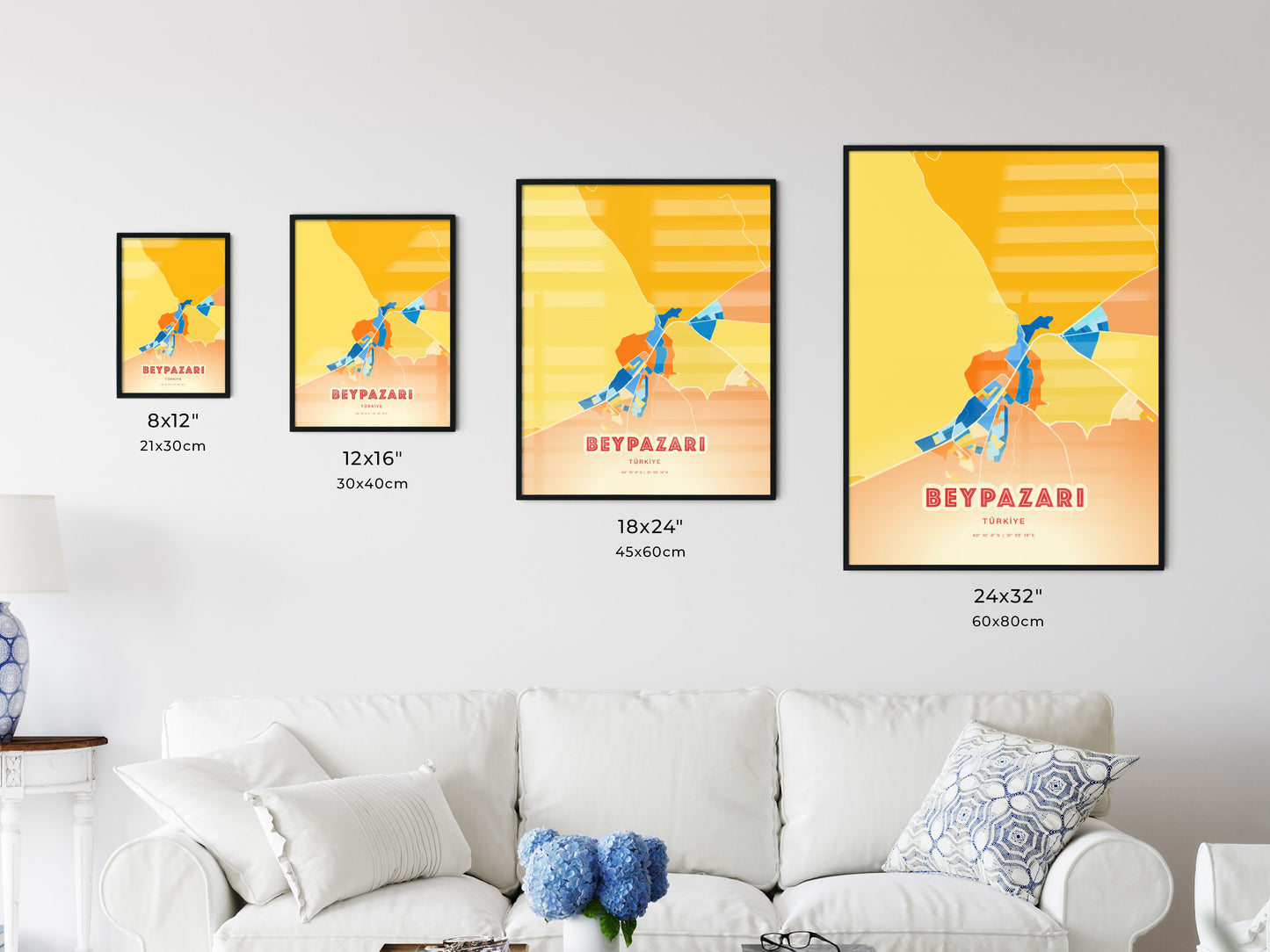 Colorful BEYPAZARI TURKEY Fine Art Map Blue Orange