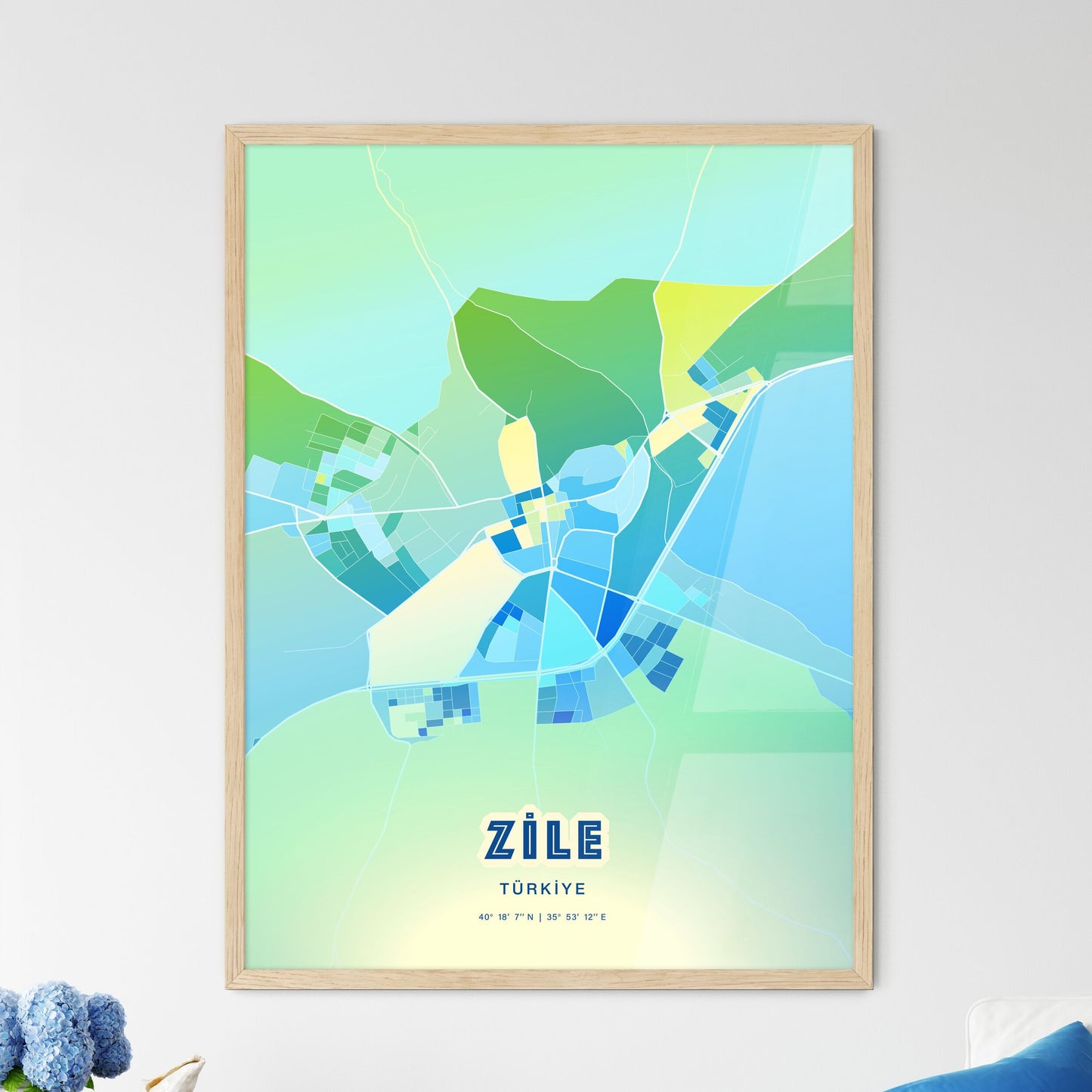 Colorful ZILE TURKEY Fine Art Map Cool Blue