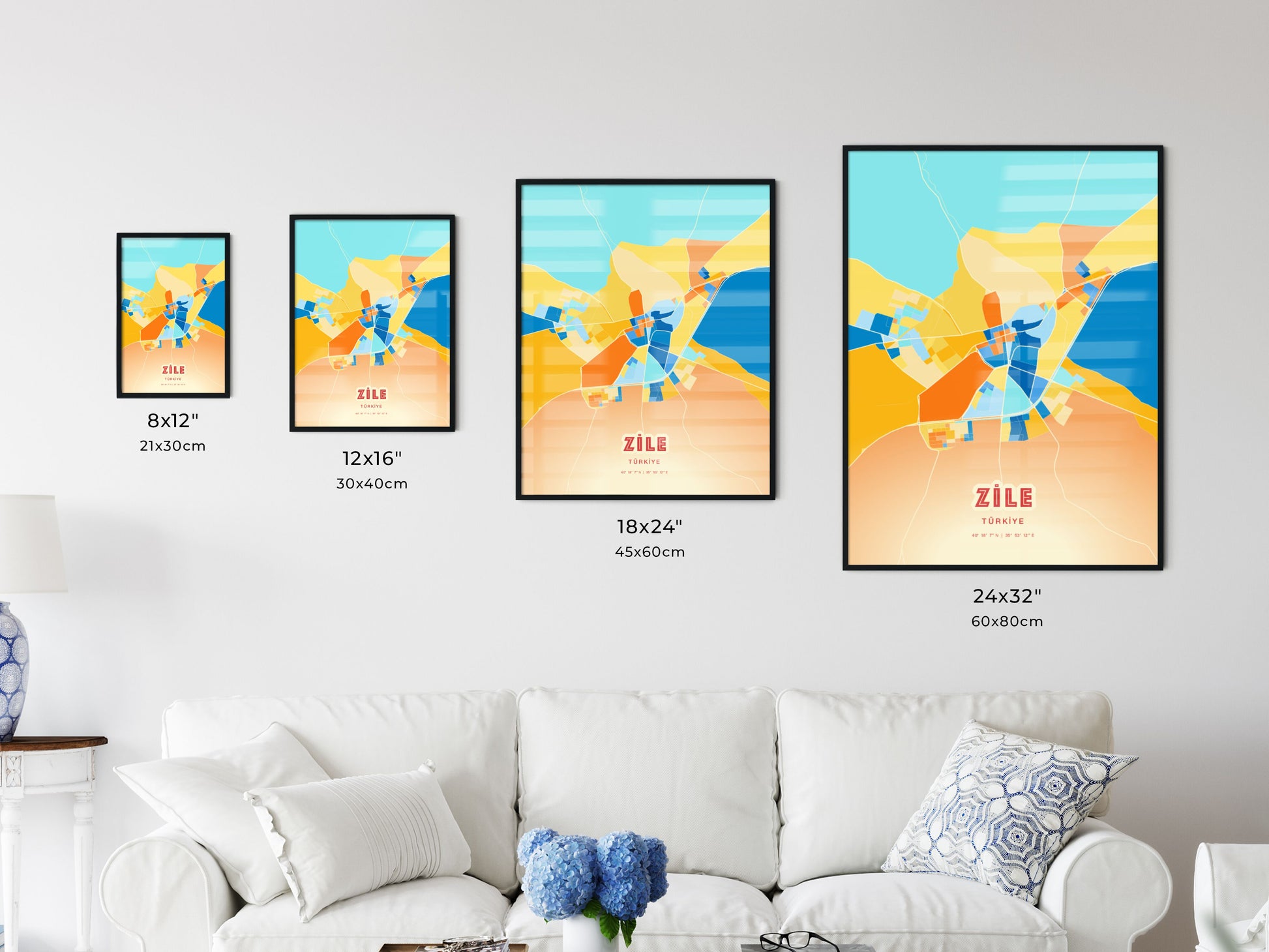 Colorful ZILE TURKEY Fine Art Map Blue Orange