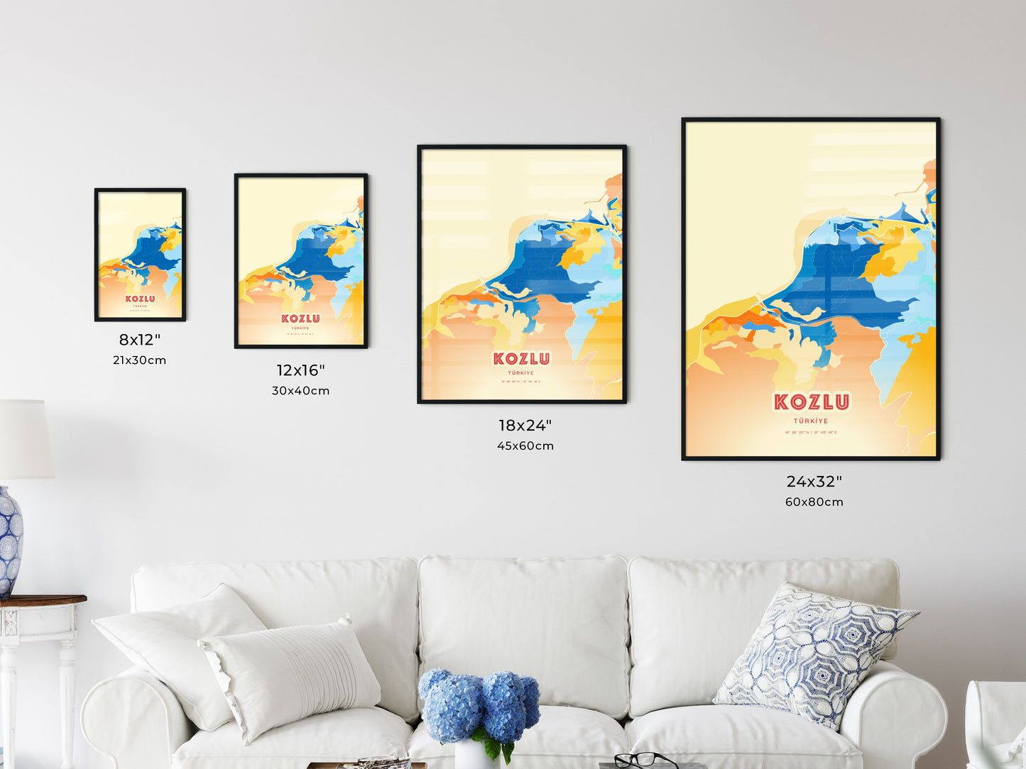 Colorful KOZLU TURKEY Fine Art Map Blue Orange