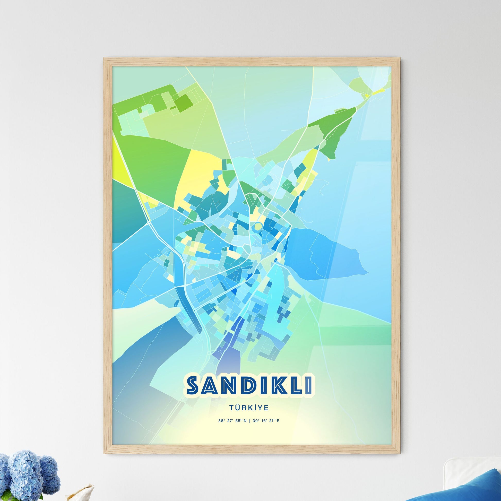 Colorful SANDIKLI TURKEY Fine Art Map Cool Blue