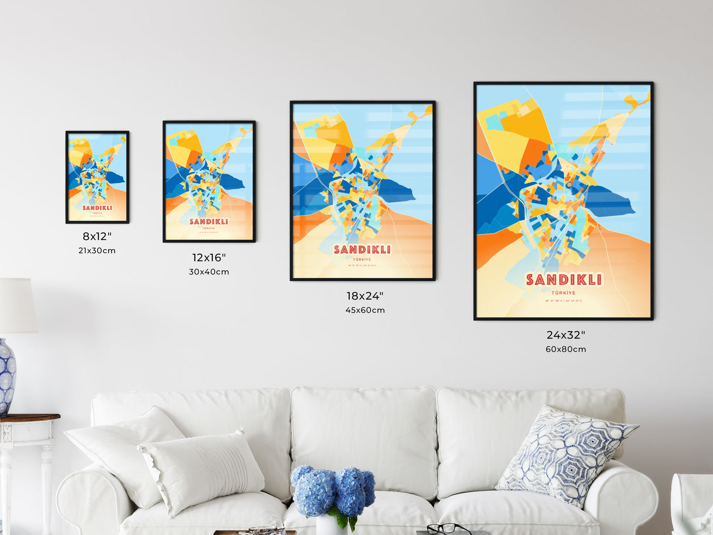Colorful SANDIKLI TURKEY Fine Art Map Blue Orange