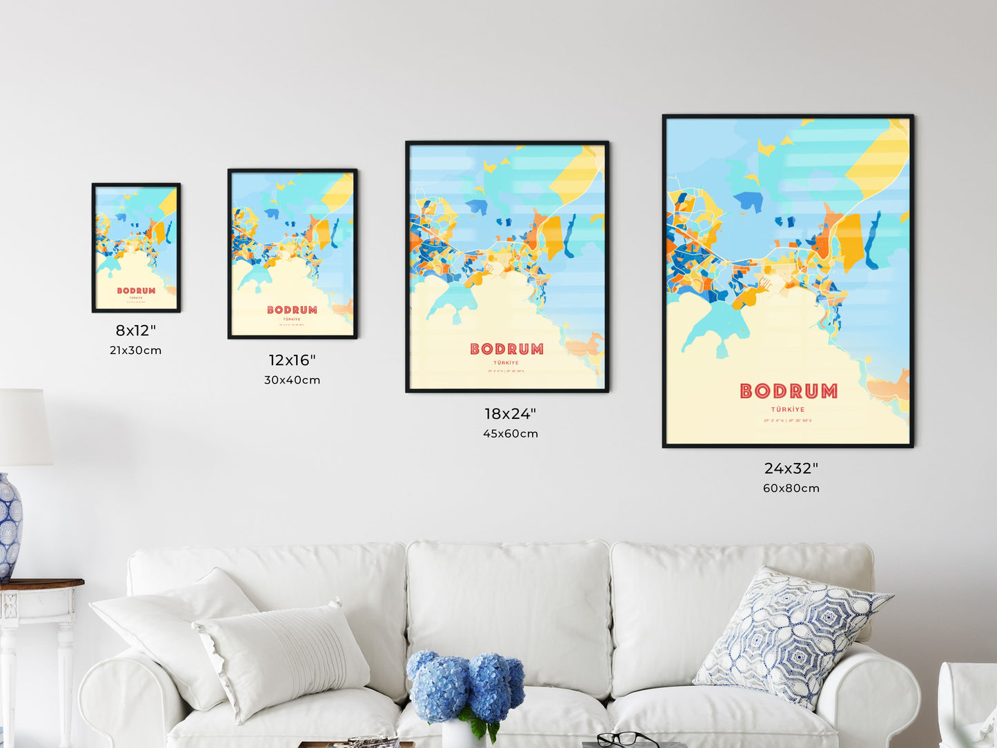 Colorful BODRUM TURKEY Fine Art Map Blue Orange