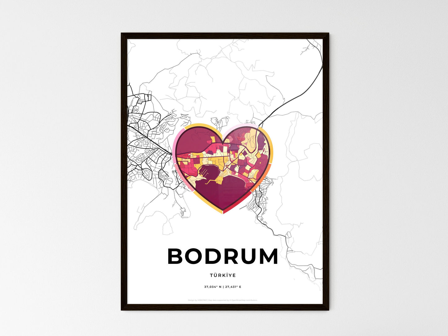 Bodrum Turkey wedding art map with heart icon