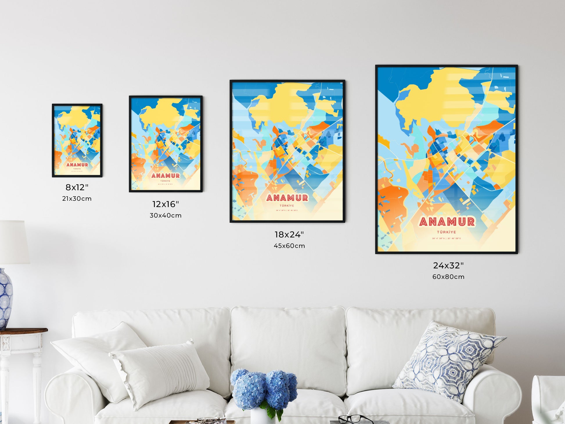 Colorful ANAMUR TURKEY Fine Art Map Blue Orange