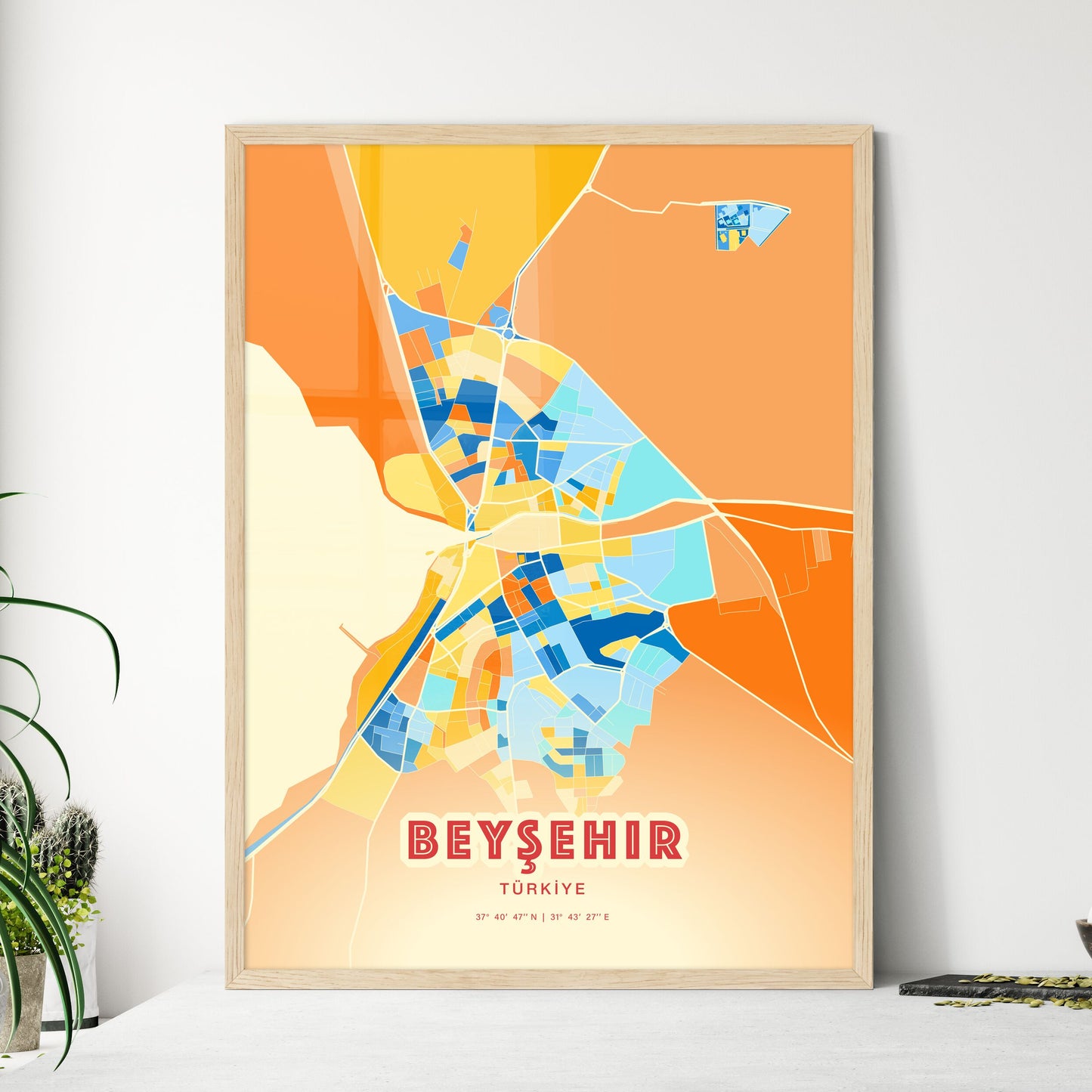 Colorful BEYŞEHIR TURKEY Fine Art Map Blue Orange