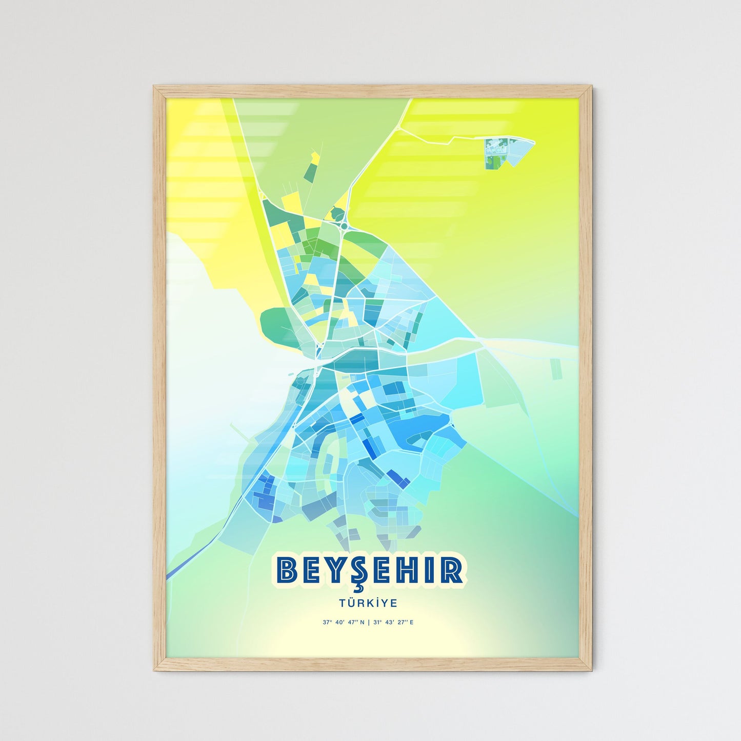 Colorful BEYŞEHIR TURKEY Fine Art Map Cool Blue