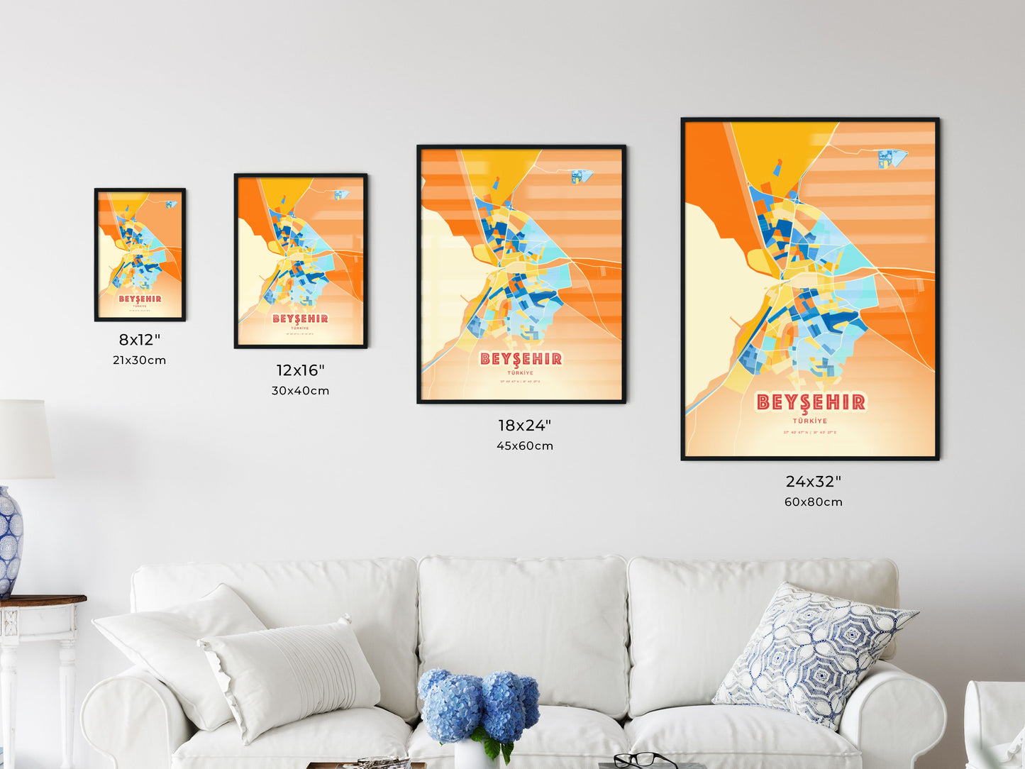 Colorful BEYŞEHIR TURKEY Fine Art Map Blue Orange