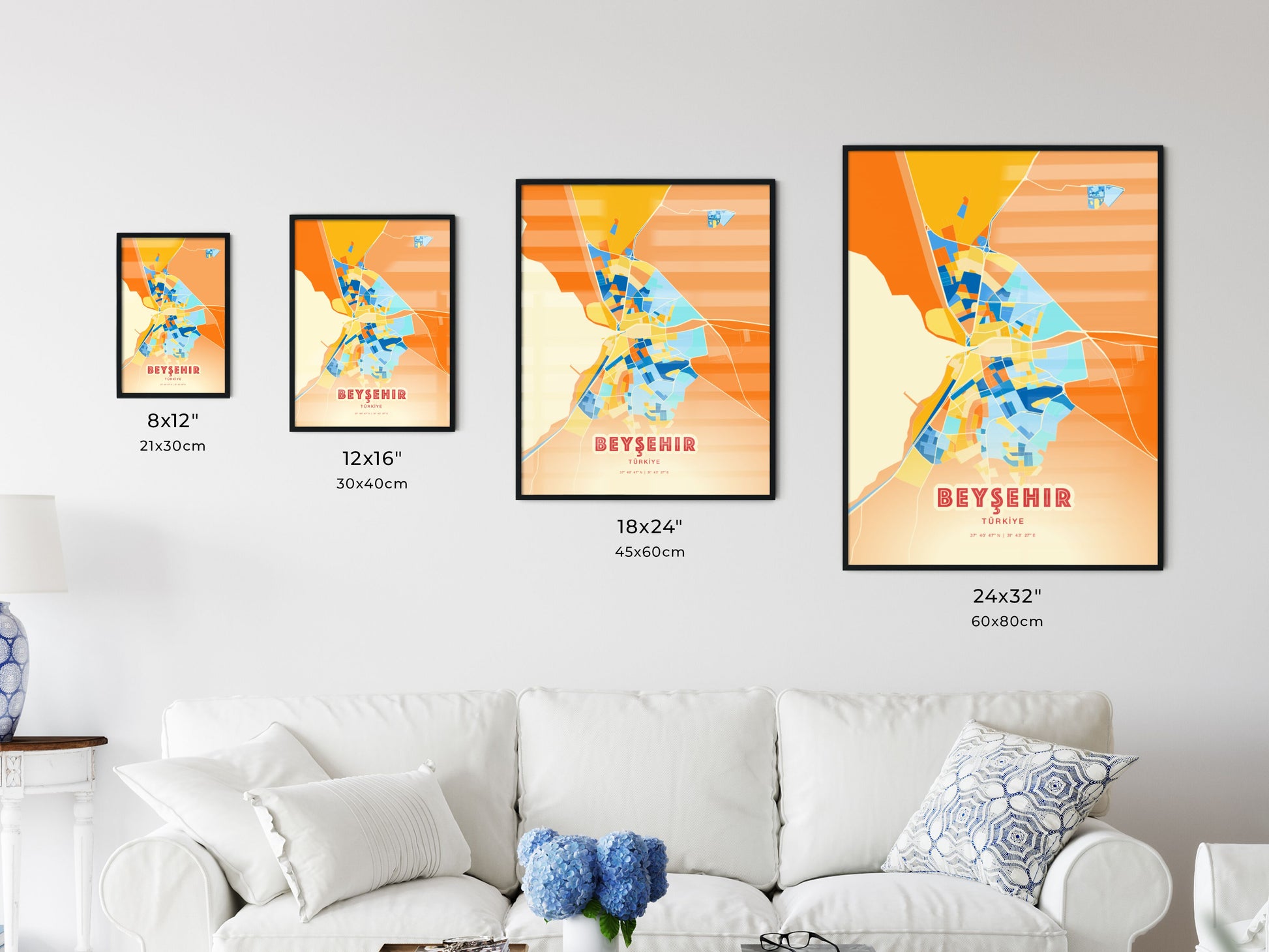 Colorful BEYŞEHIR TURKEY Fine Art Map Blue Orange