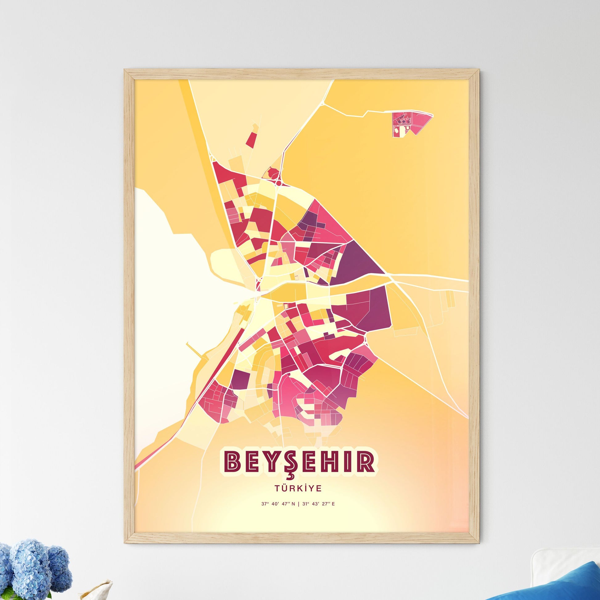 Colorful BEYŞEHIR TURKEY Fine Art Map Hot Red