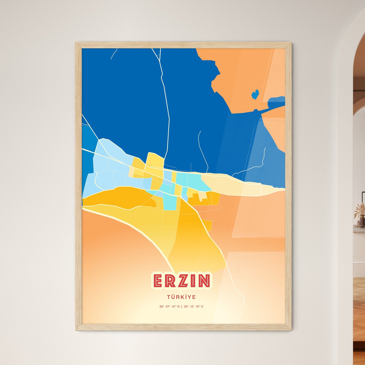 Colorful ERZIN TURKEY Fine Art Map Blue Orange