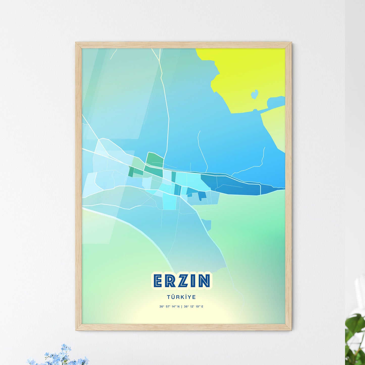 Colorful ERZIN TURKEY Fine Art Map Cool Blue