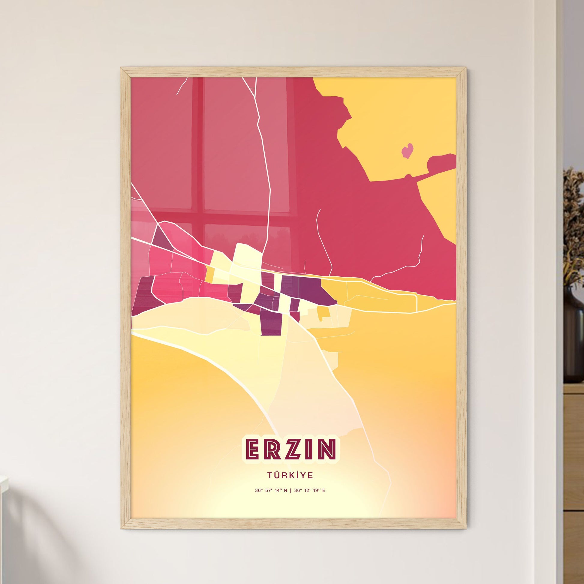 Colorful ERZIN TURKEY Fine Art Map Hot Red