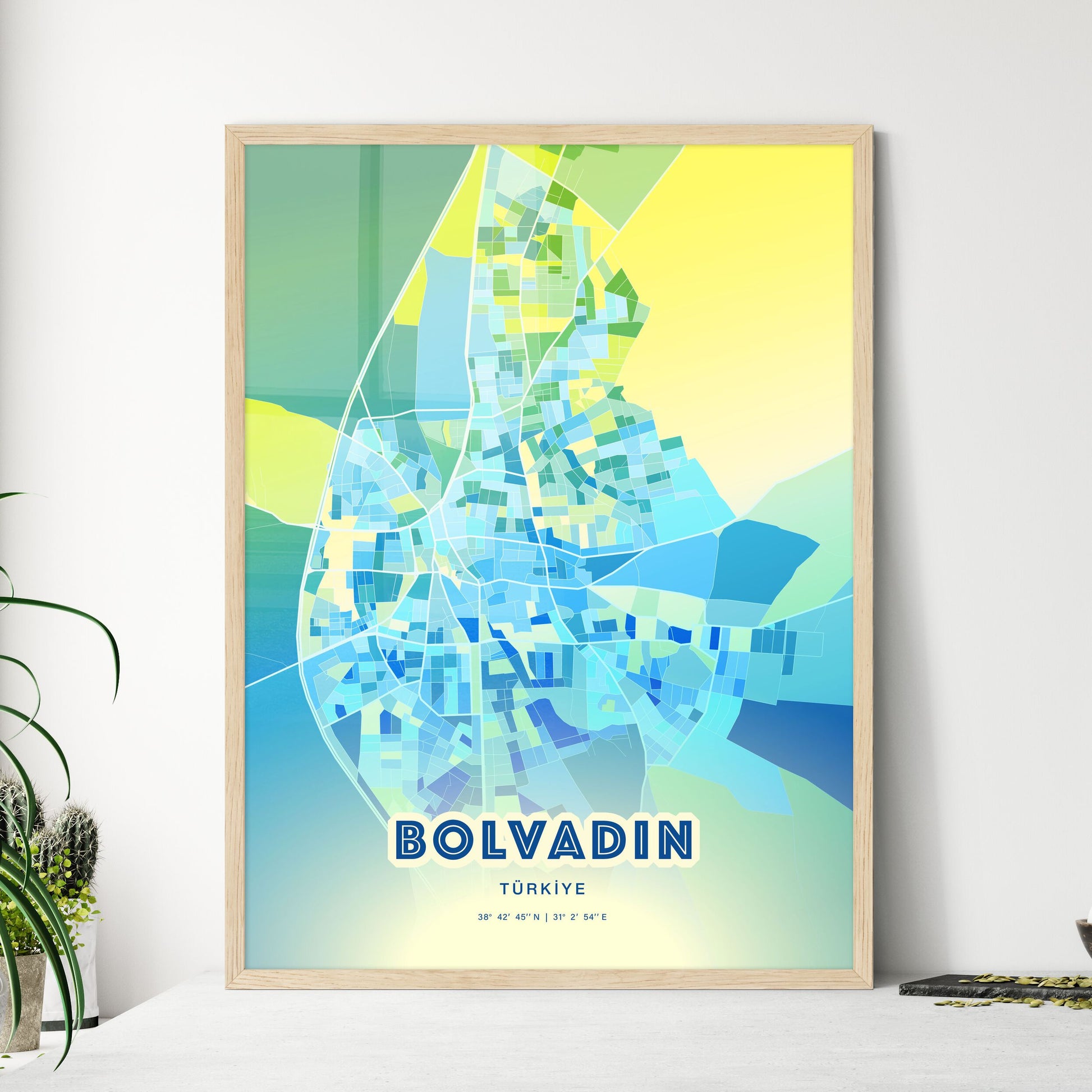 Colorful BOLVADIN TURKEY Fine Art Map Cool Blue