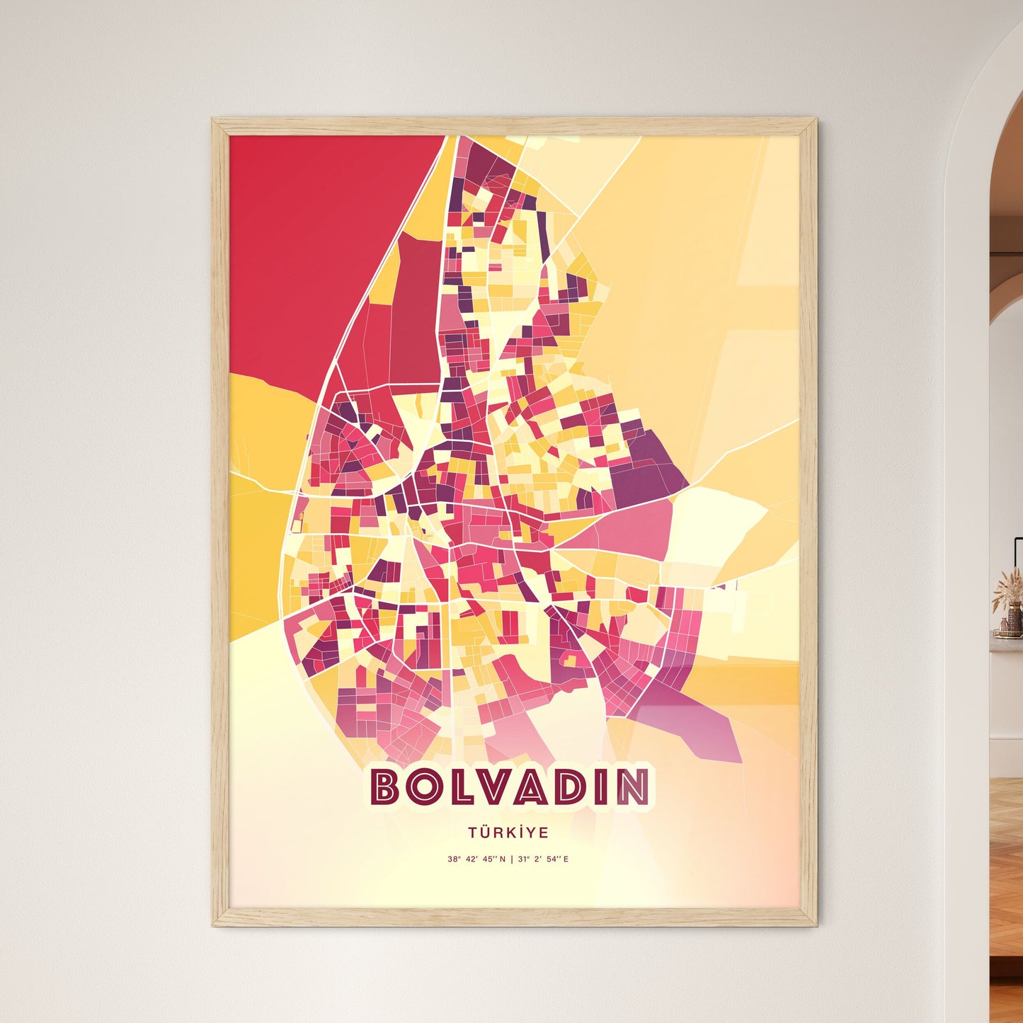 Colorful BOLVADIN TURKEY Fine Art Map Hot Red