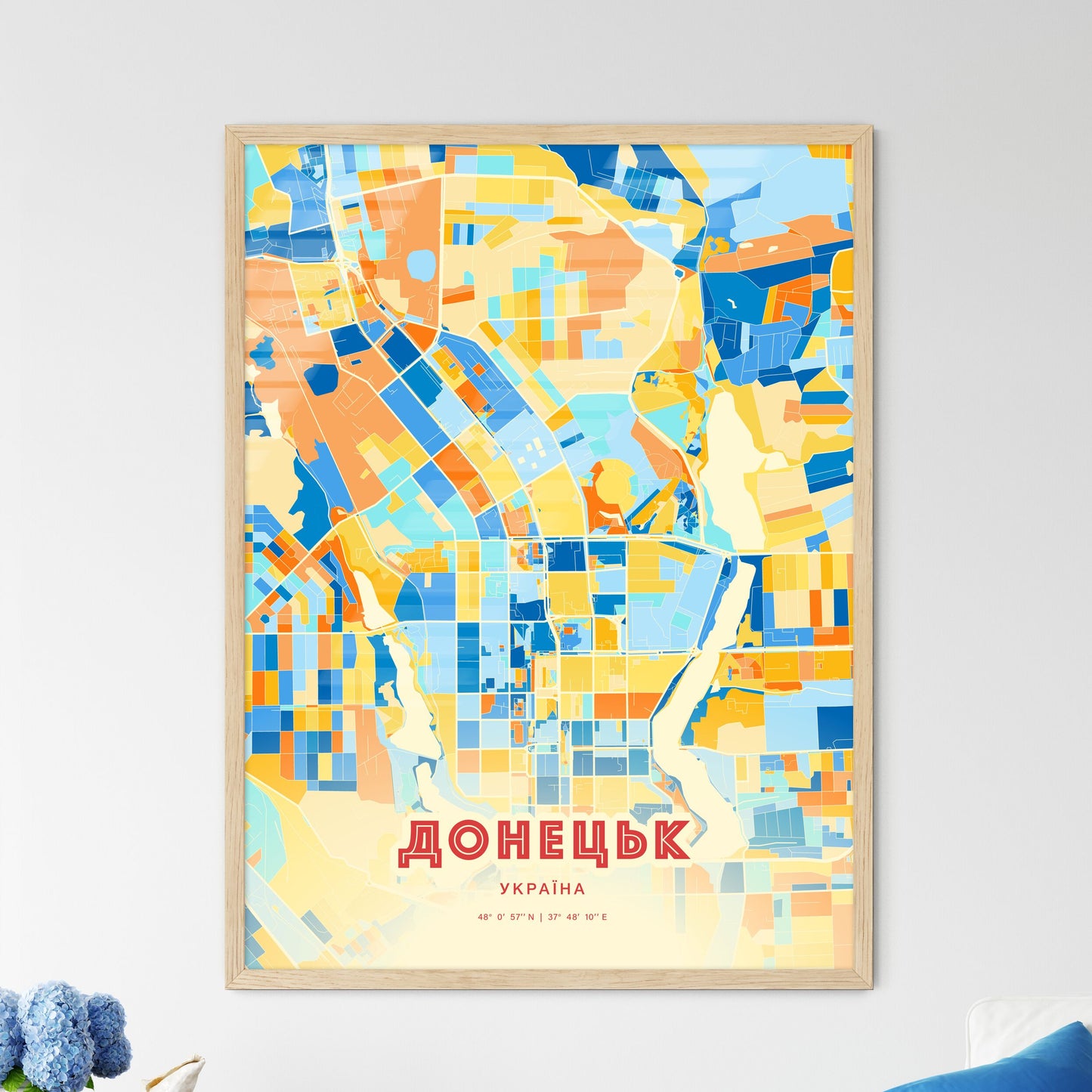 Colorful Donetsk Ukraine Fine Art Map Blue Orange