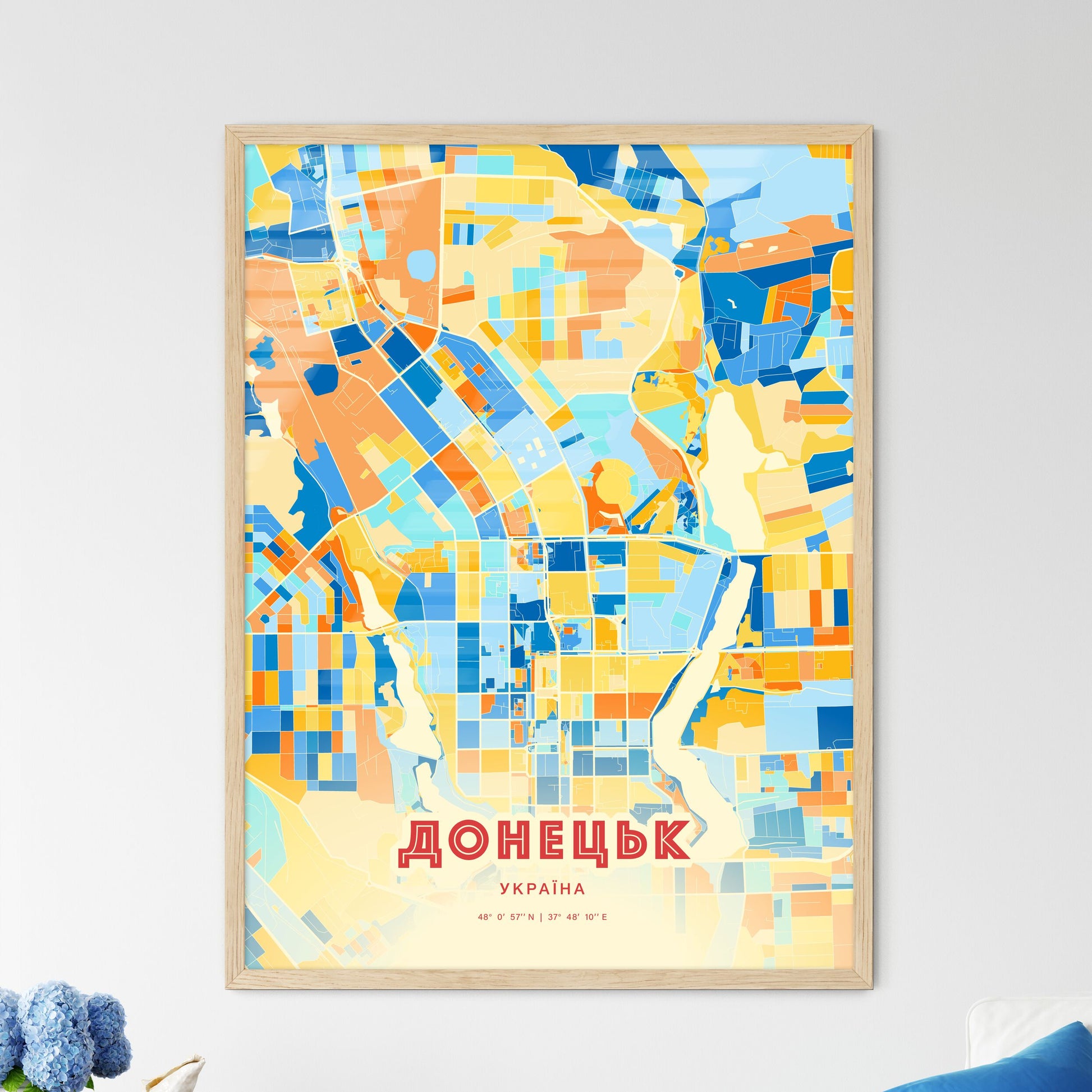 Colorful Donetsk Ukraine Fine Art Map Blue Orange