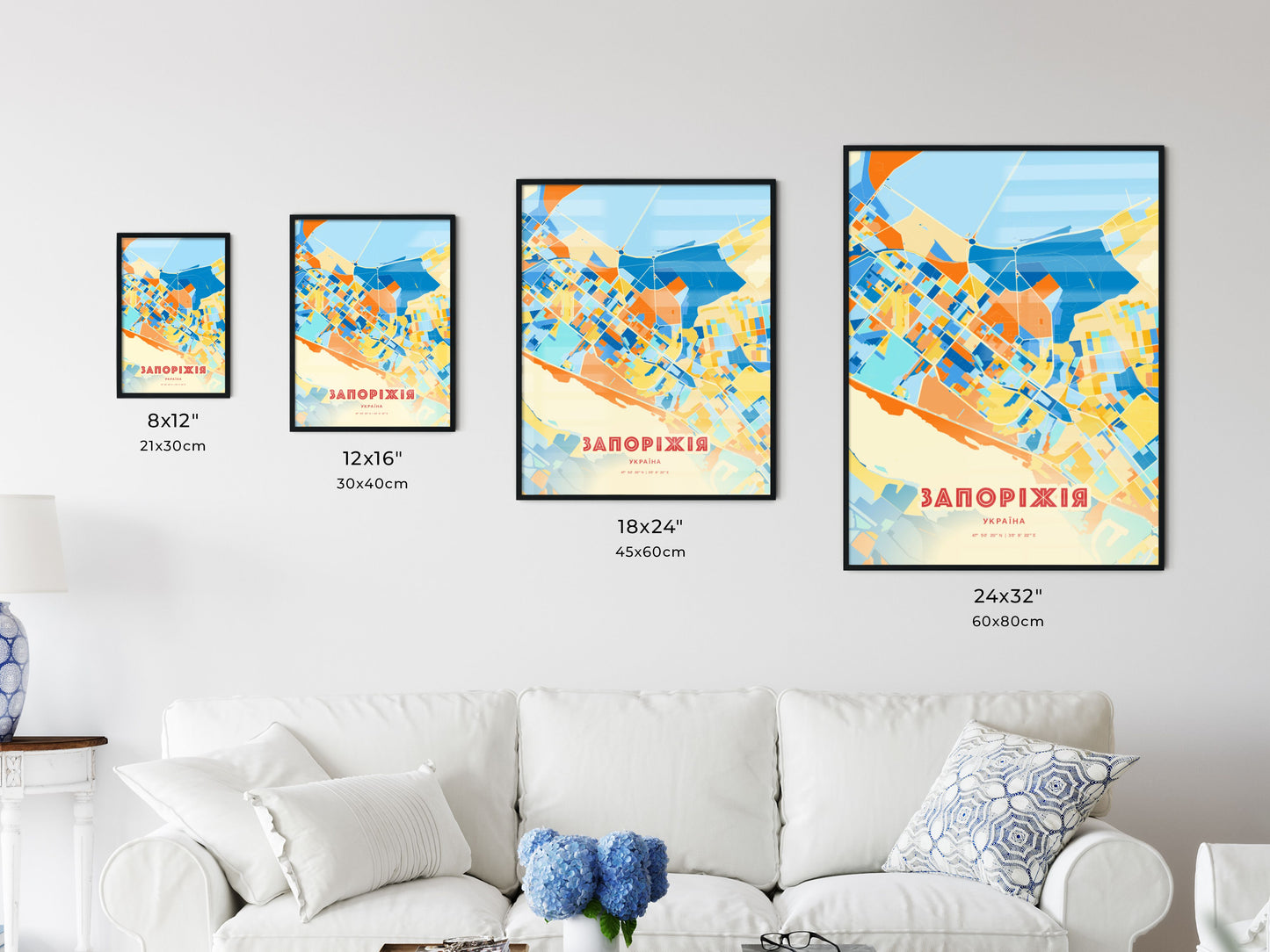 Colorful ZAPORIZHIA UKRAINE Fine Art Map Blue Orange