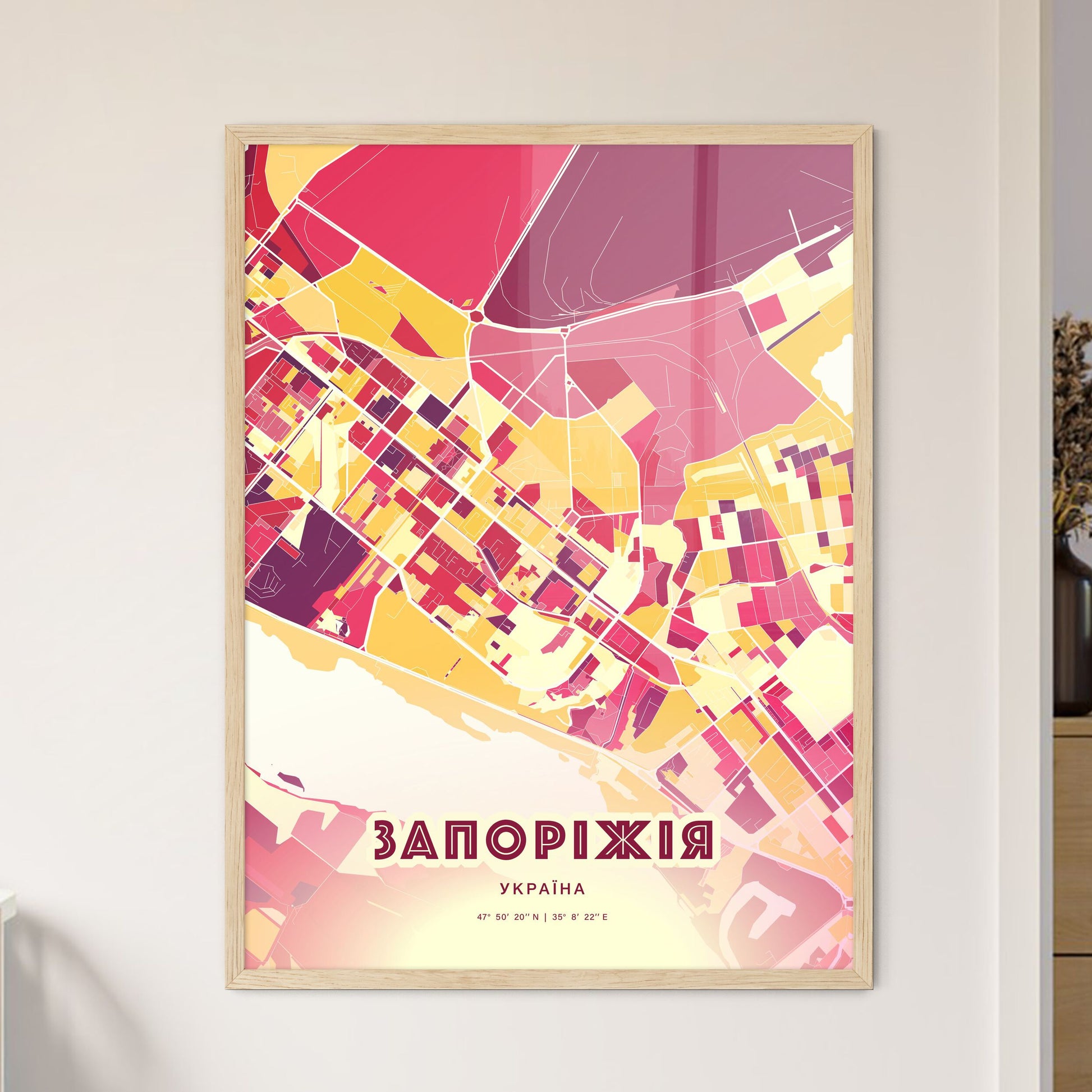 Colorful ZAPORIZHIA UKRAINE Fine Art Map Hot Red